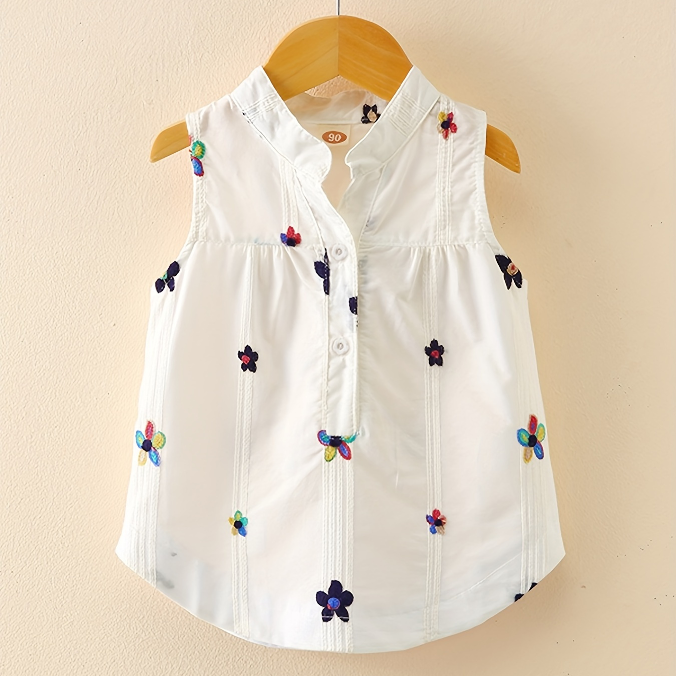 Toddler Girls Flower Embroidery Sleeveless Button Curved Hem Casual Blouse Tops Kids Summer Clothes