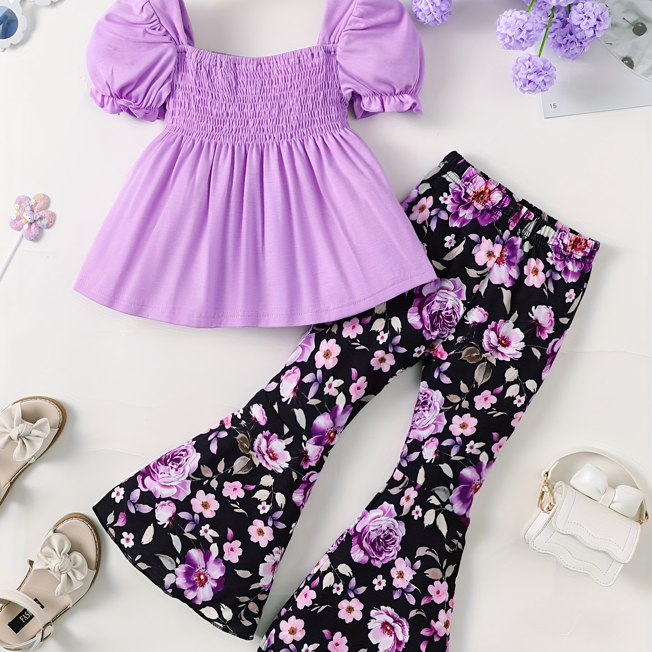 

2pcs, Solid Puff Short Sleeve T-shirt + Floral Flare Pants Set For Girls Party Holiday Gift