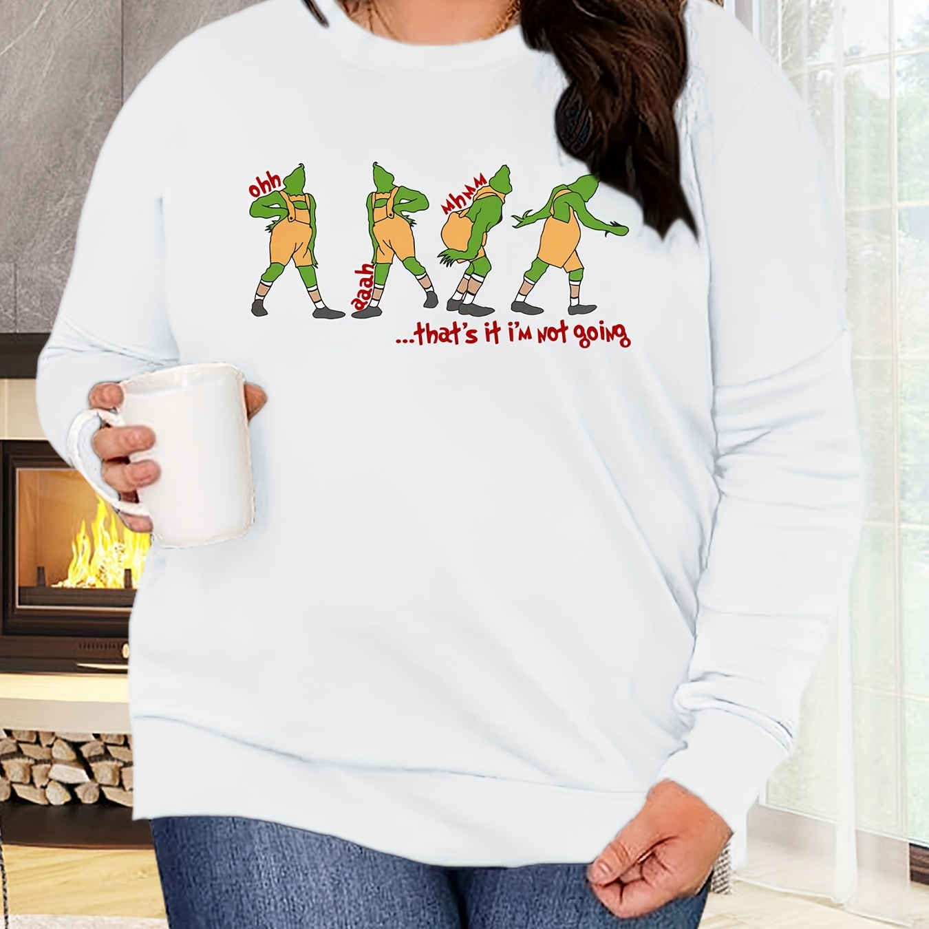 Plus Size Casual Sweatshirt, Women's Plus Graphic & Slogan Print Long Sleeve Round Neck Sweatshirt