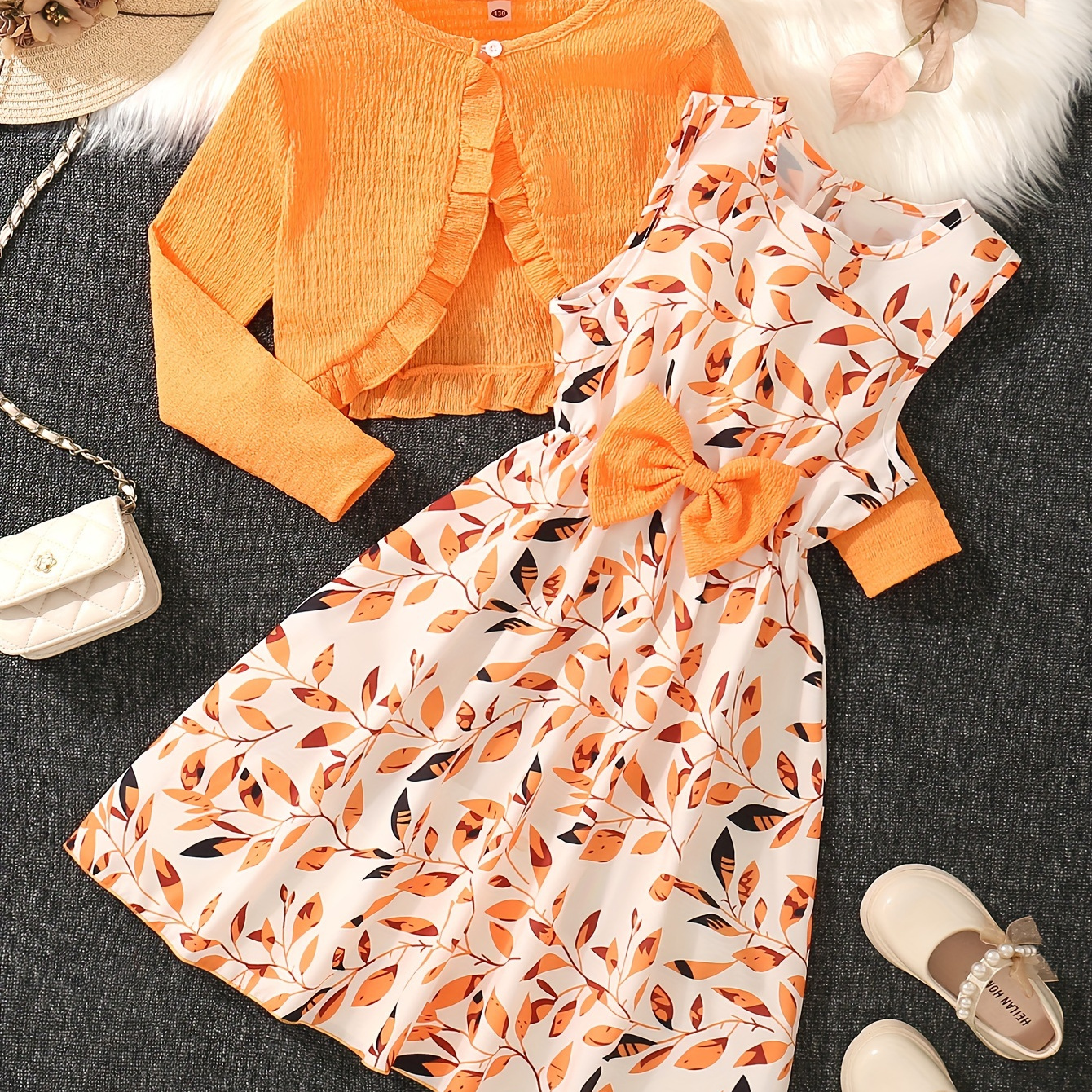 

' Fall Outfit Set: - Long Sleeve Top & Bow - Polyester, , For