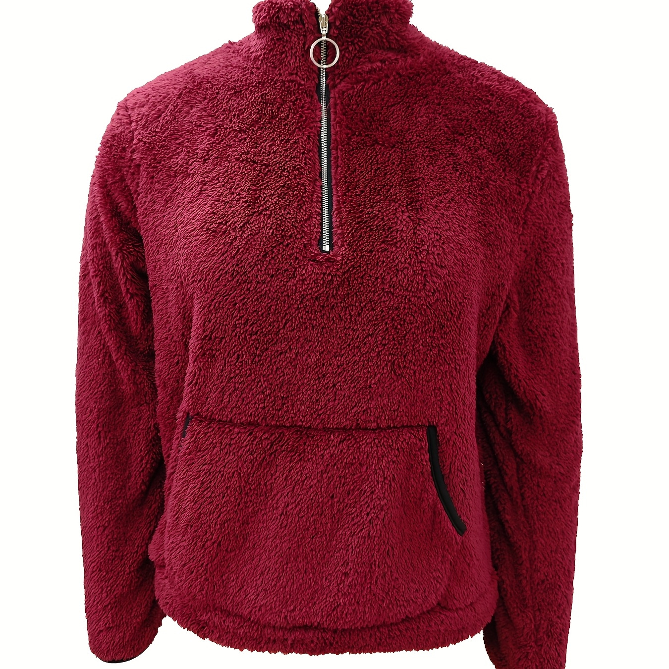 

1pc Women's Casual Plush High Neck Pullover - Solid Color Polyester Knit Fabric, Color Block Detail, Fashion Sweatshirt