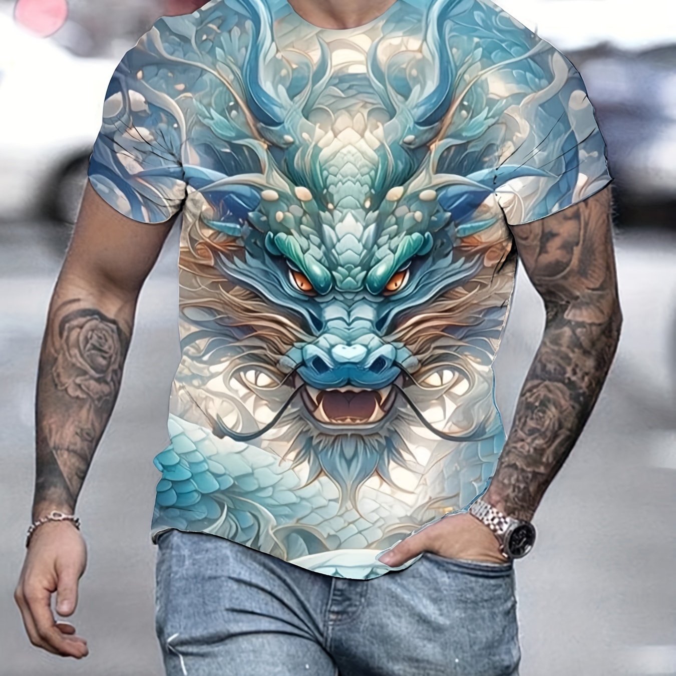 

Men's Fashion 3d Dragon Print T-shirt, Casual Slightly Stretch Breathable Top For Outdoor Summer