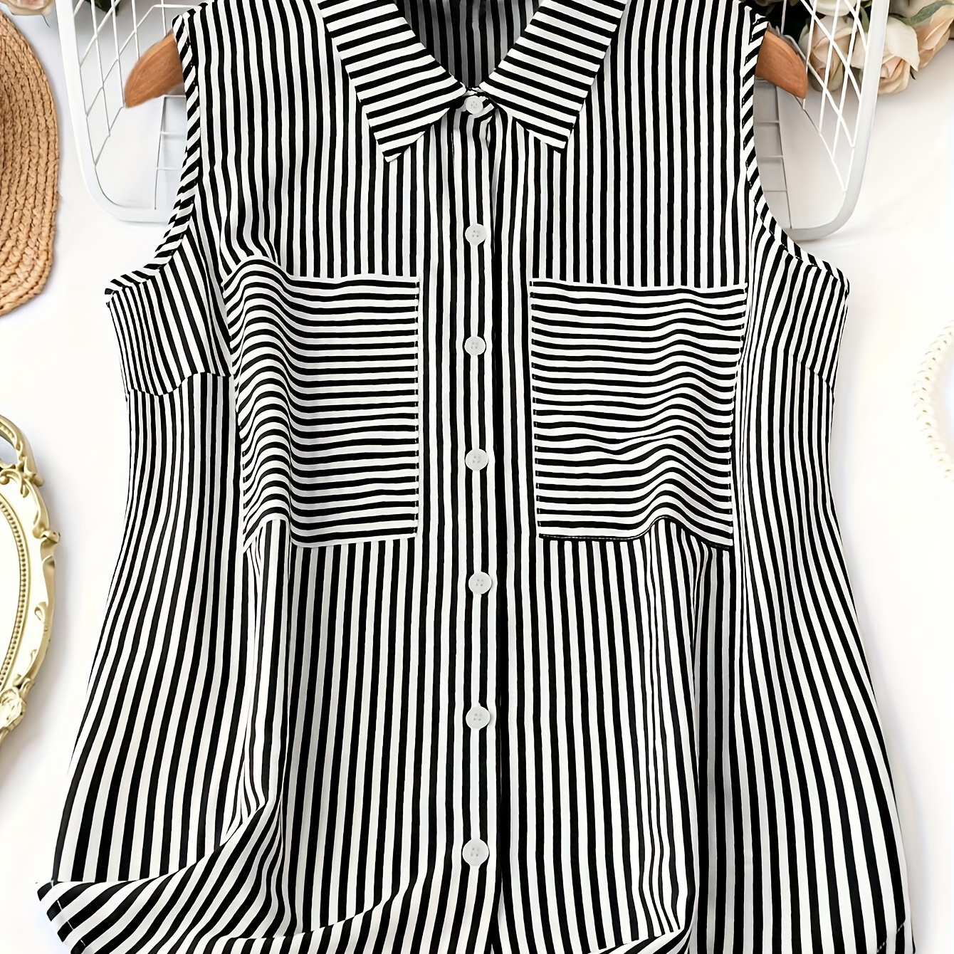 

Striped Button Front Tank Top, Elegant Sleeveless Collared Shirt For , Women's Clothing