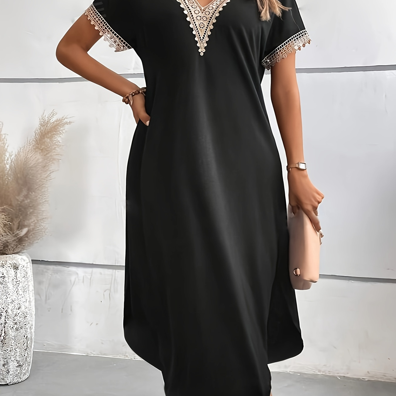 

Plus Size Lace Trim V Neck Dress, Casual Short Sleeve Ankle Dress For Spring & Summer, Women's Plus Size Clothing