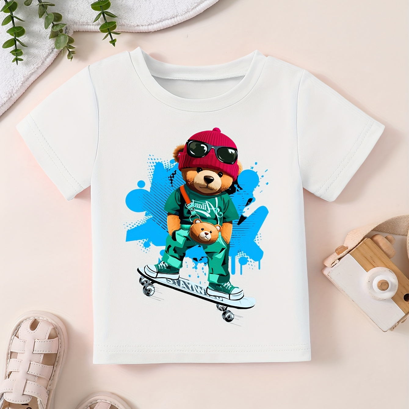 

Cool Skating Bear Print Cotton Tee Tops, Boys Round Neck Casual Short Sleeve Comfortable Soft Premium T-shirt