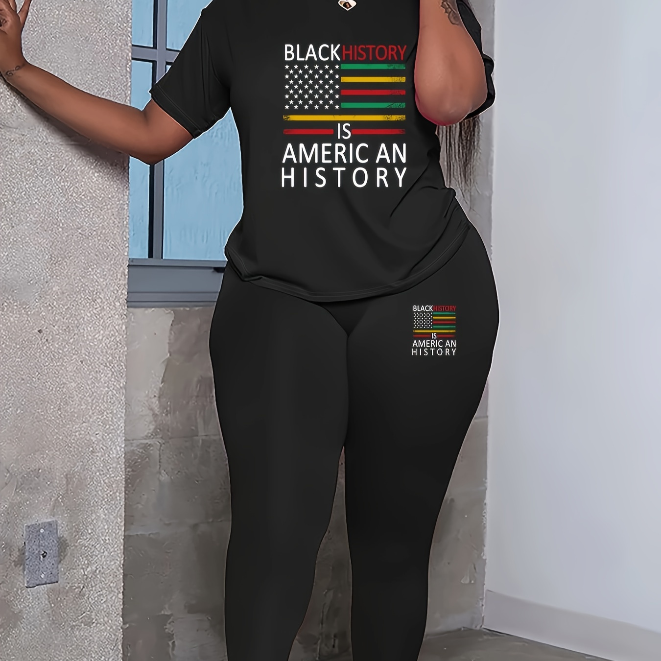 

Black History Month Print 2 Piece Set, Short Sleeve T-shirt & Long Leggings, Women's Clothing