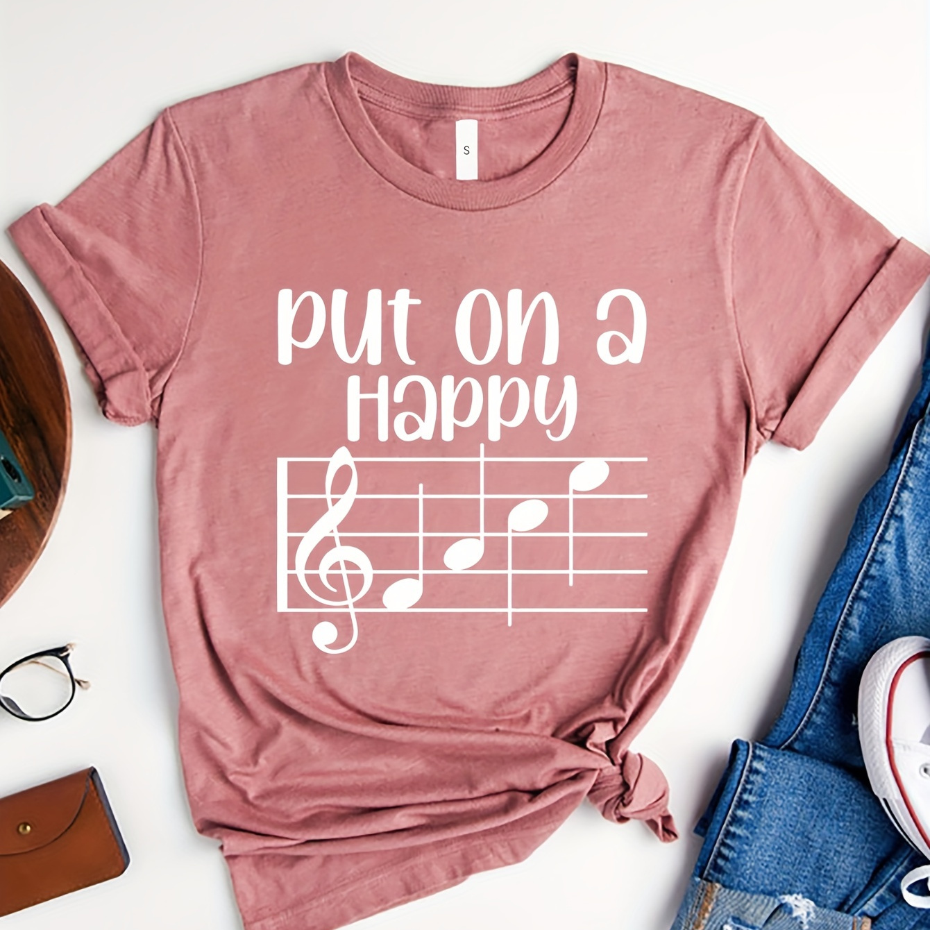 

A Happy Note Print T-shirt, Piano Lover Short Sleeve Casual Top For Summer & Spring, Women's Clothing