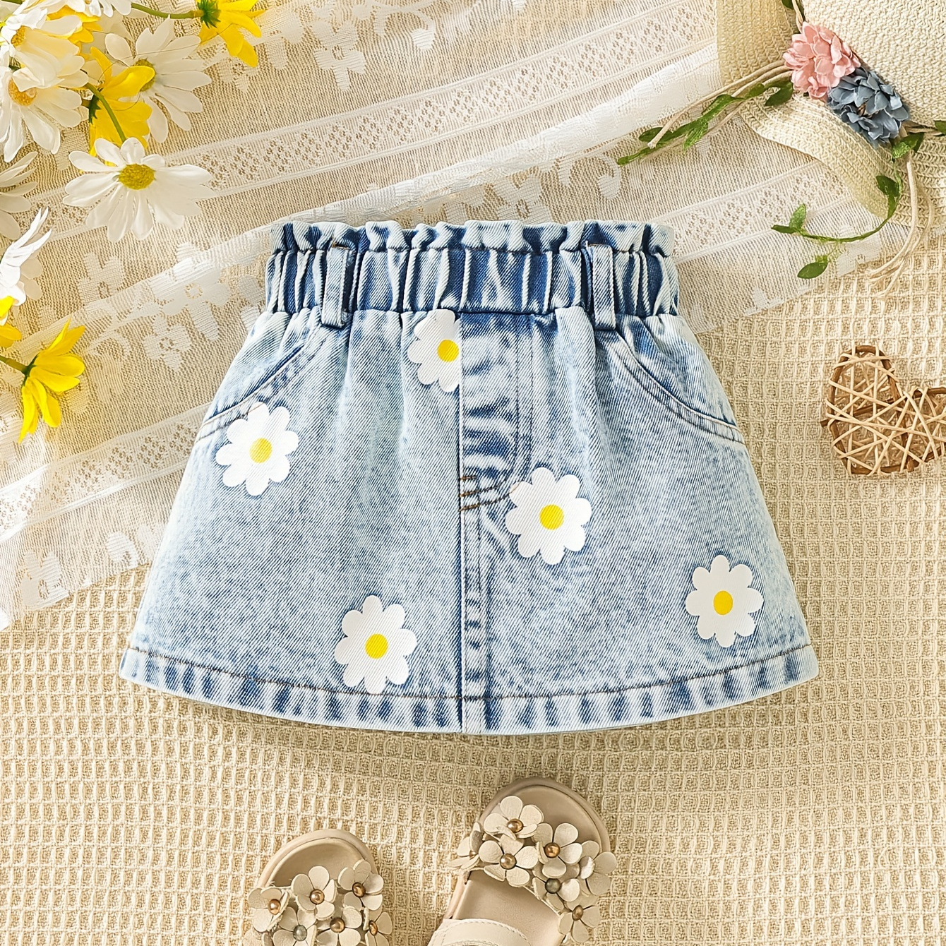 

Infant & Toddler's Flower Pattern Denim Skirt, Lovely Elastic Waist Skirt, Baby Girl's Clothing