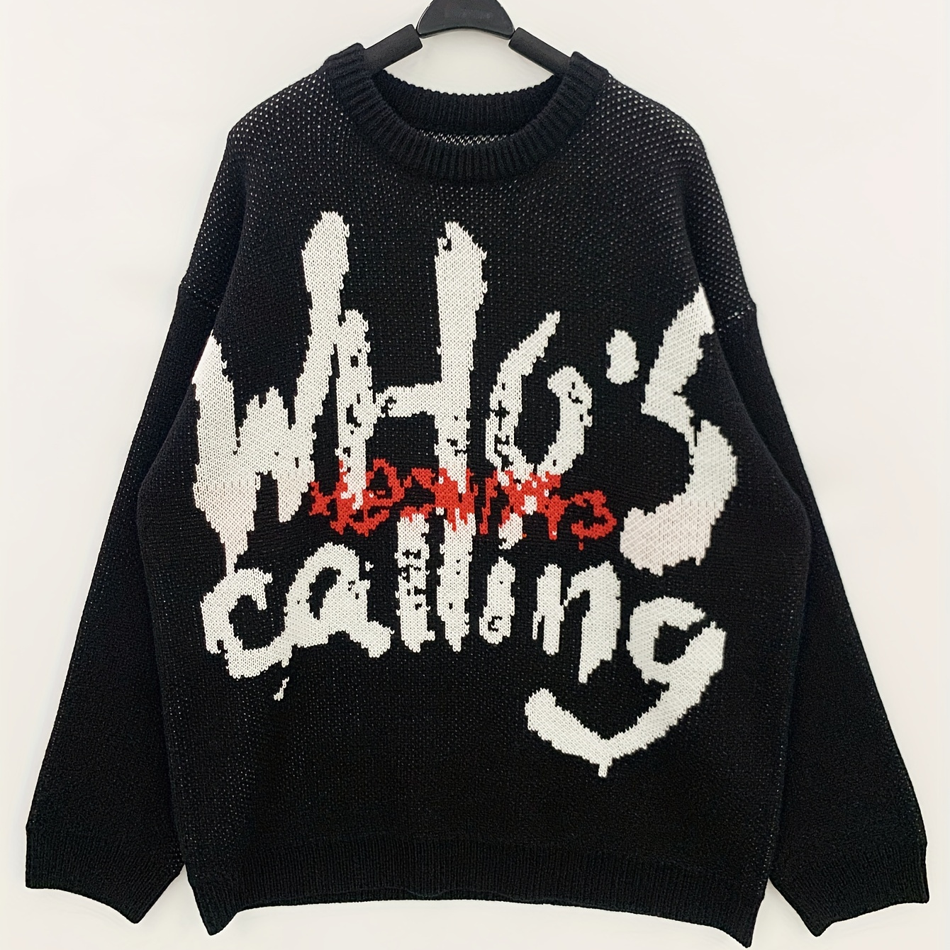 Men's Sweater, "Who's Calling" Print Knit Pullover Oversized Fashion Long Sleeve Tops For Spring Fall Winter, Men's Clothing, Plus Size