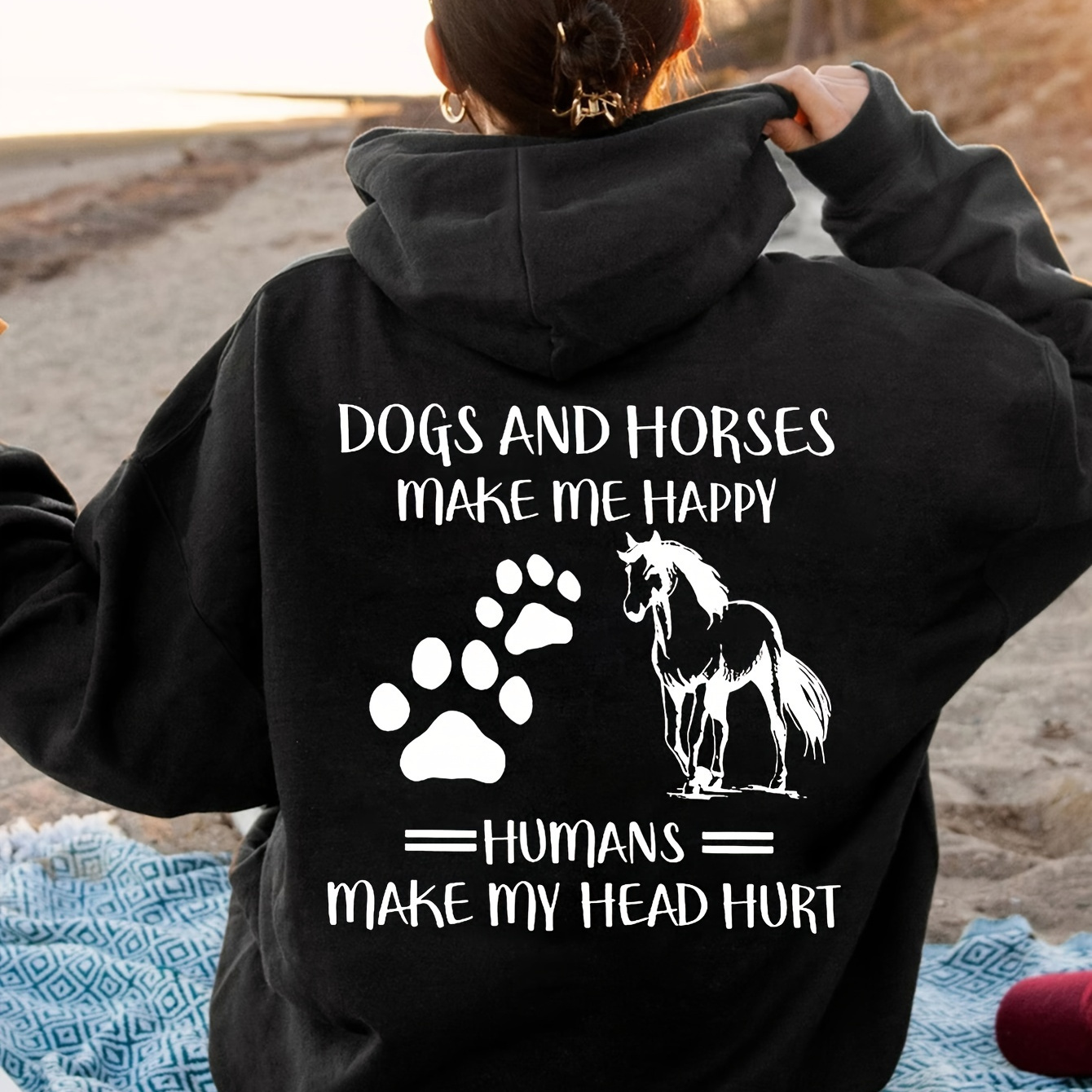 

Women's Casual Hoodie With Unique Dog & Horse Print - Cozy Polyester, Machine Washable, Drawstring Hood, Long Sleeve Pullover