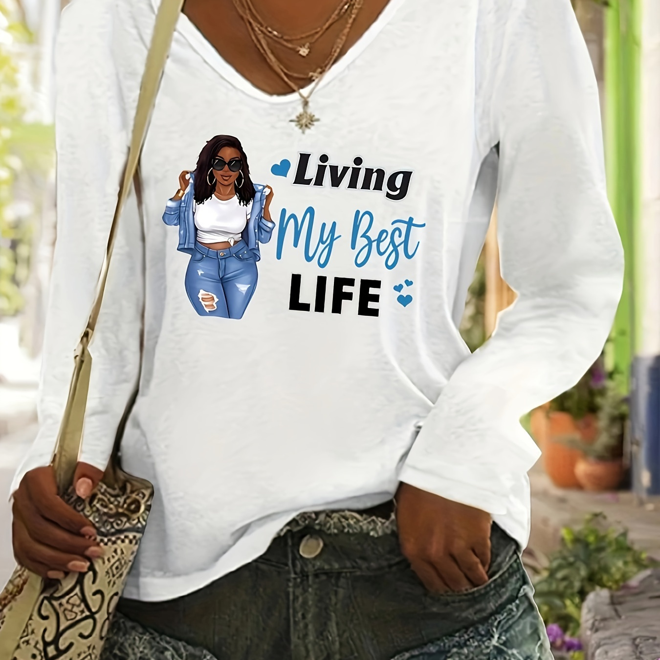 

Print T-shirt, Long Sleeve V Neck Casual Top For Spring & Fall, Women's Clothing