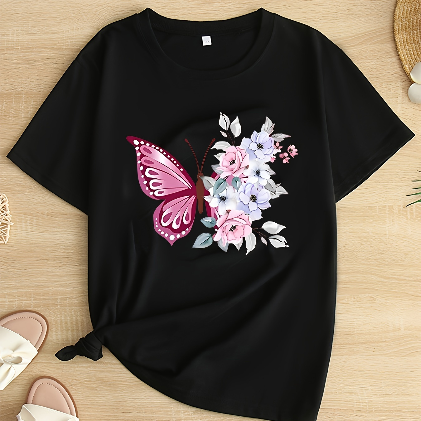 

Plus Size Butterfly Print T-shirt, Casual Crew Neck Short Sleeve T-shirt, Women's Plus Size clothing