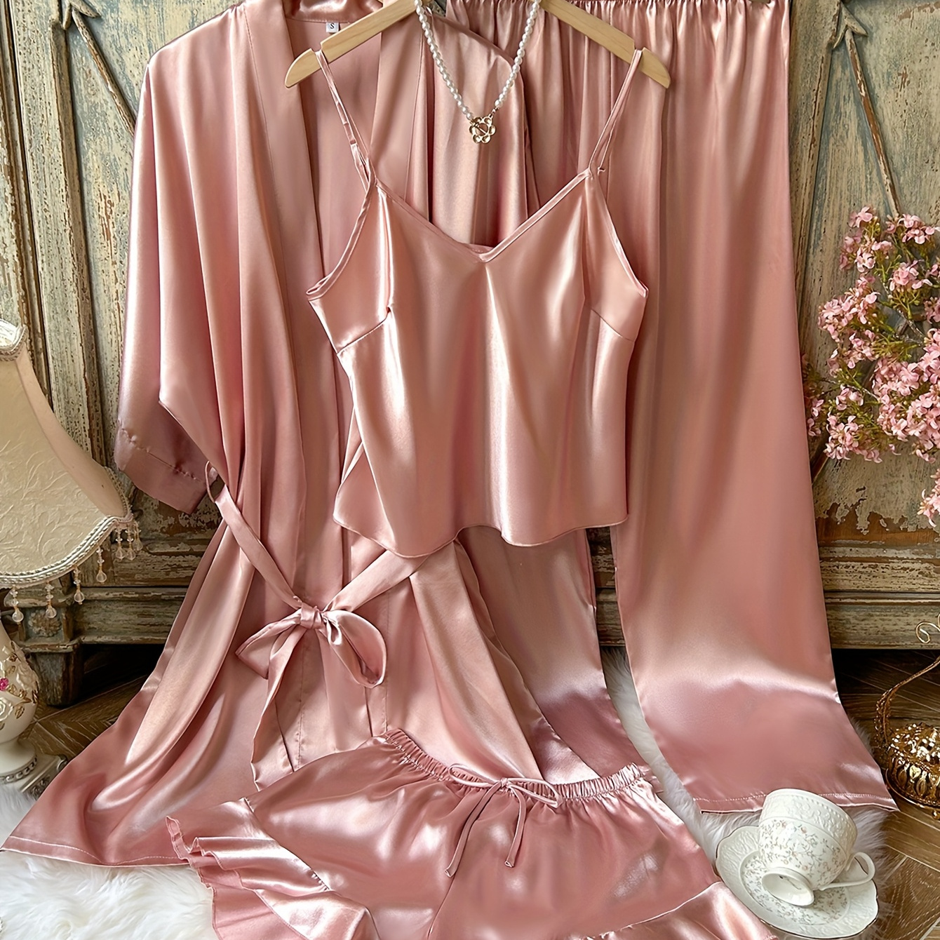 

Valentine's Day Elegant 4pcs Women's Satin Pajama Set In - Includes V-neck Robe With Belt, Cami Top, Shorts & Long Pants - , Machine Washable