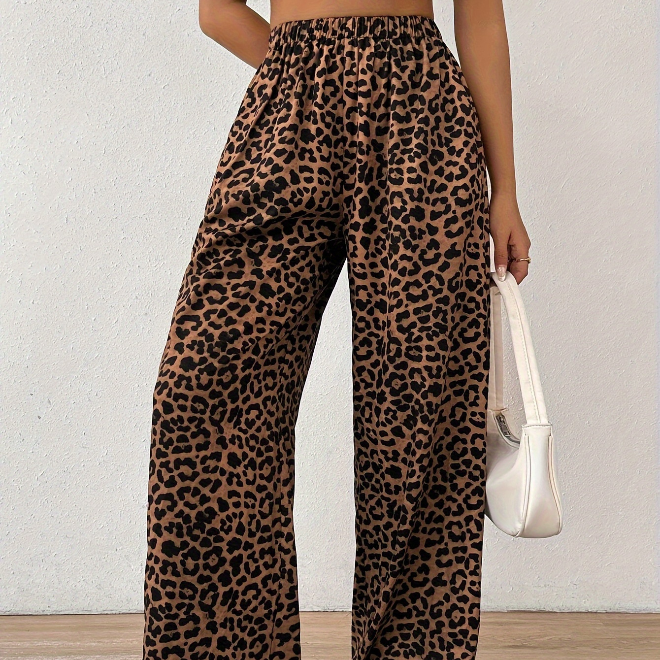 

Leopard Print Straight Leg Pants, Elegant Elastic Waist Loose Pants For All-season, Women's Clothing