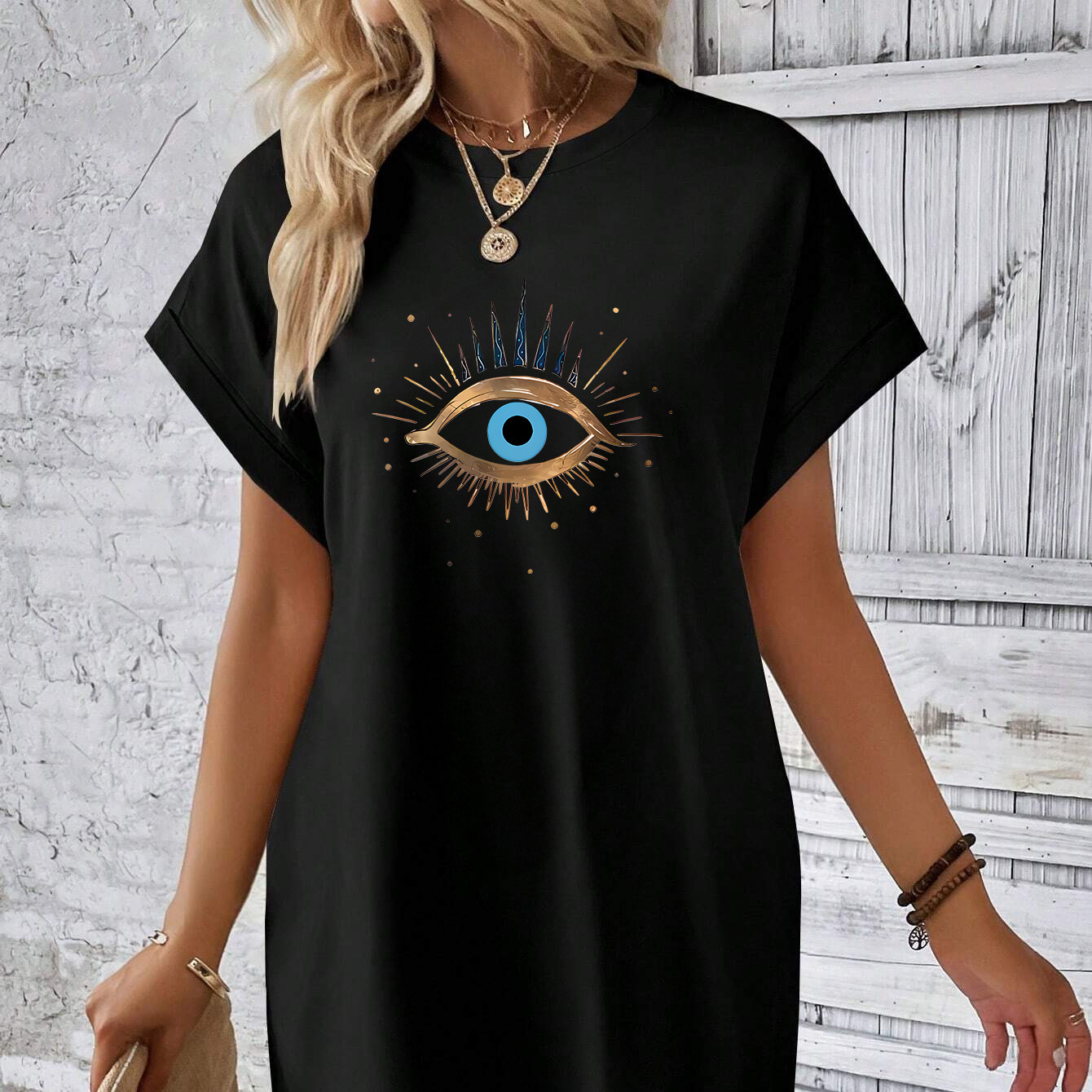 

Graphic Print Tee Dress, Short Sleeve Crew Neck Casual Dress For Summer & Spring, Women's Clothing