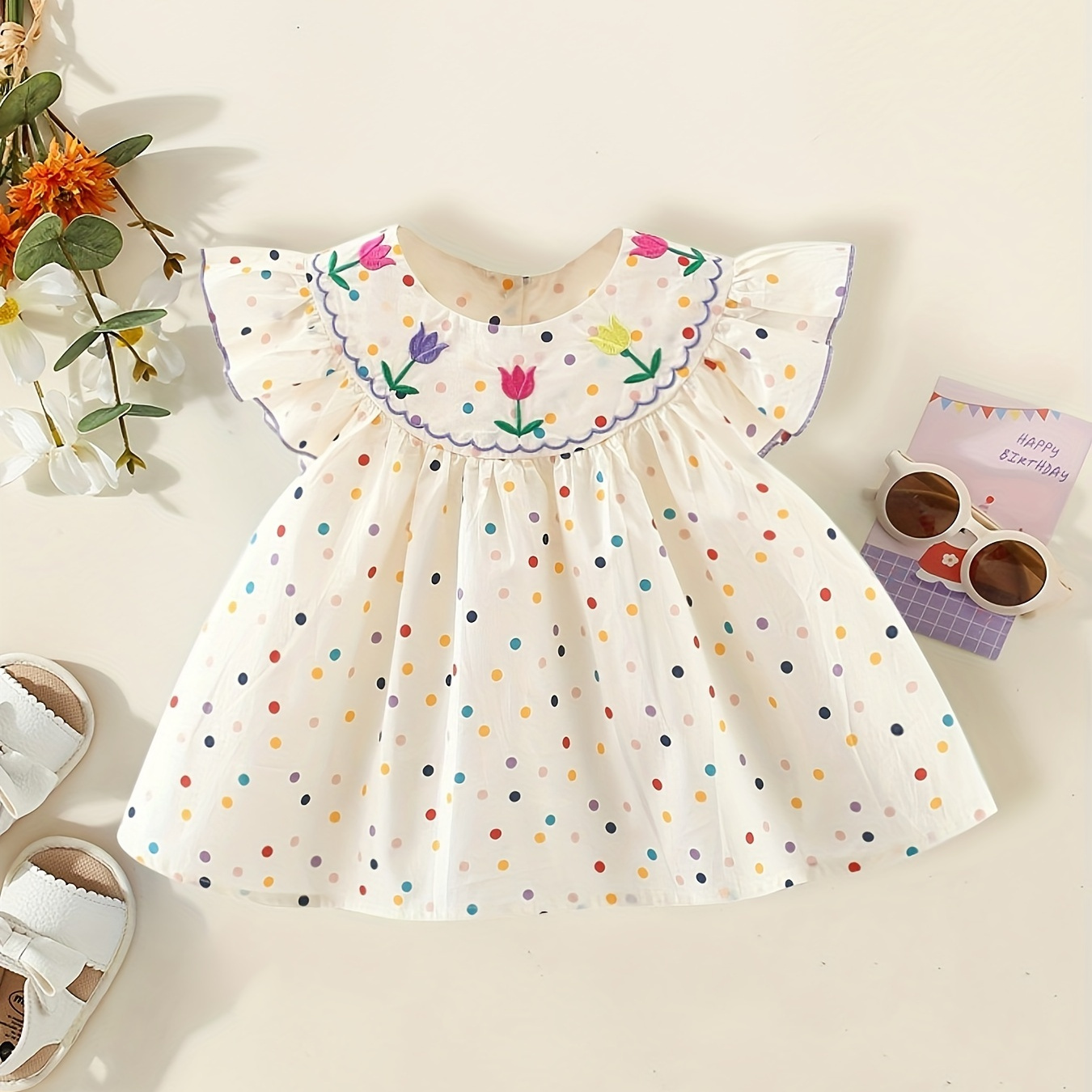 

Baby's Tulip Embroidered Casual Cotton Dress, Colorful Polka Dots Pattern Cap Sleeve Dress, Infant & Toddler Girl's Clothing For Summer, As Gift