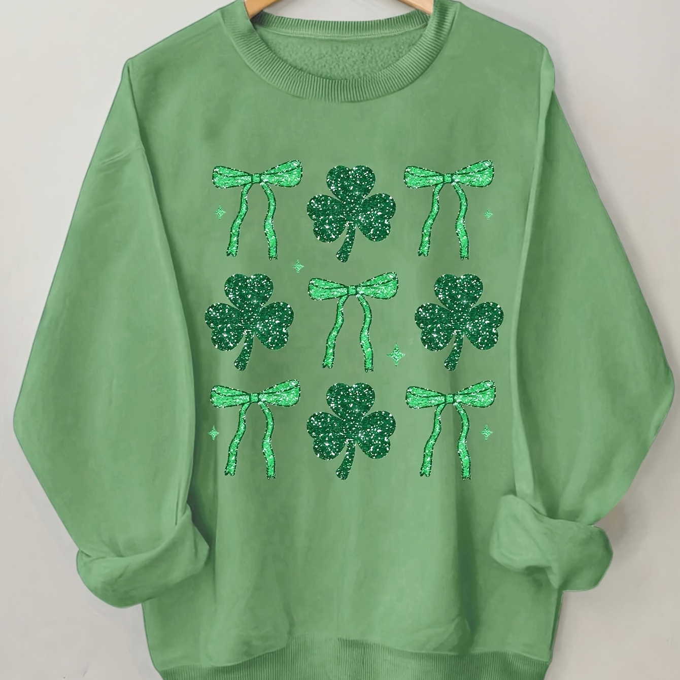 

Women's Green 's Day Sweatshirt - Casual Crew Neck With Glittery Shamrock & Bow Print, Long Sleeve, 100% Polyester, Machine Washable - Spring & Fall