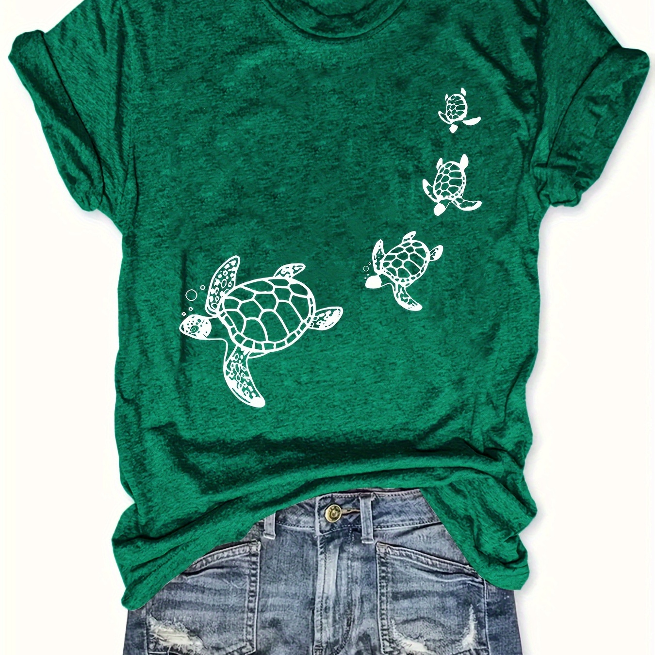 

Plus Size Turtle Print T-shirt, Casual Short Sleeve Top For Spring & Summer, Women's Plus Size Clothing