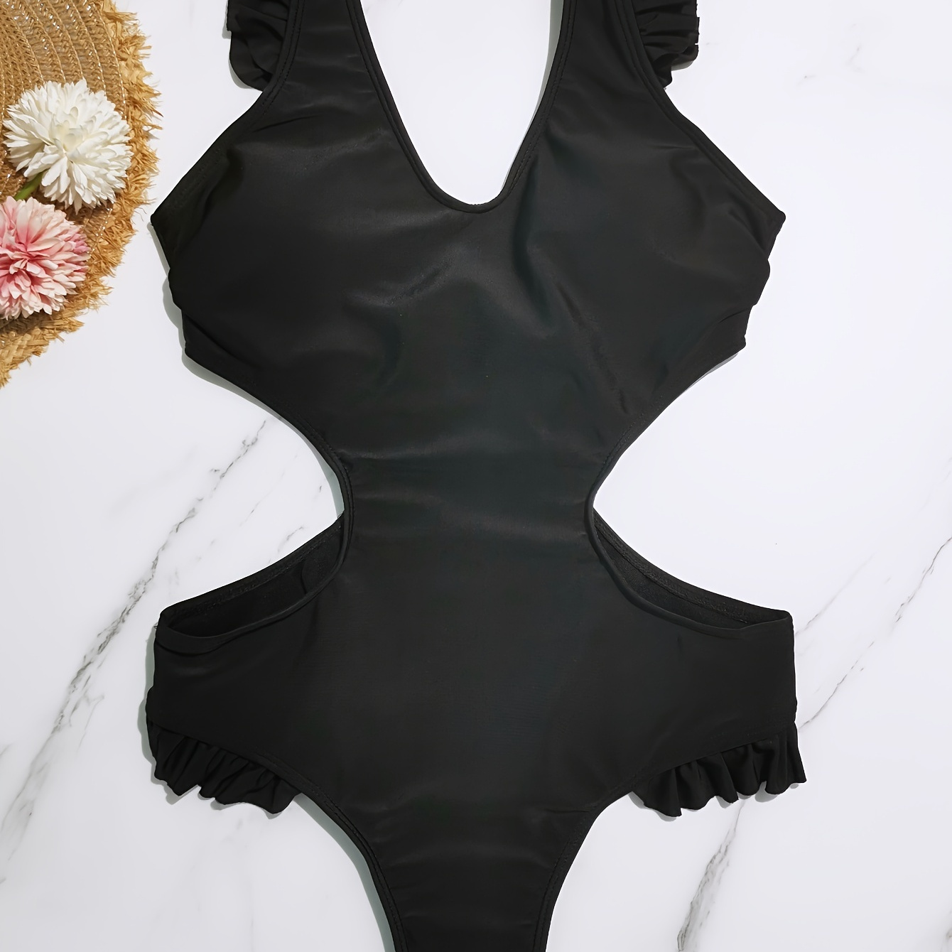 

Black Cut Out 1 Piece Swimsuit, V Neck Lettuce Trim High Cut Bathing Suit, Women's Swimwear & Clothing