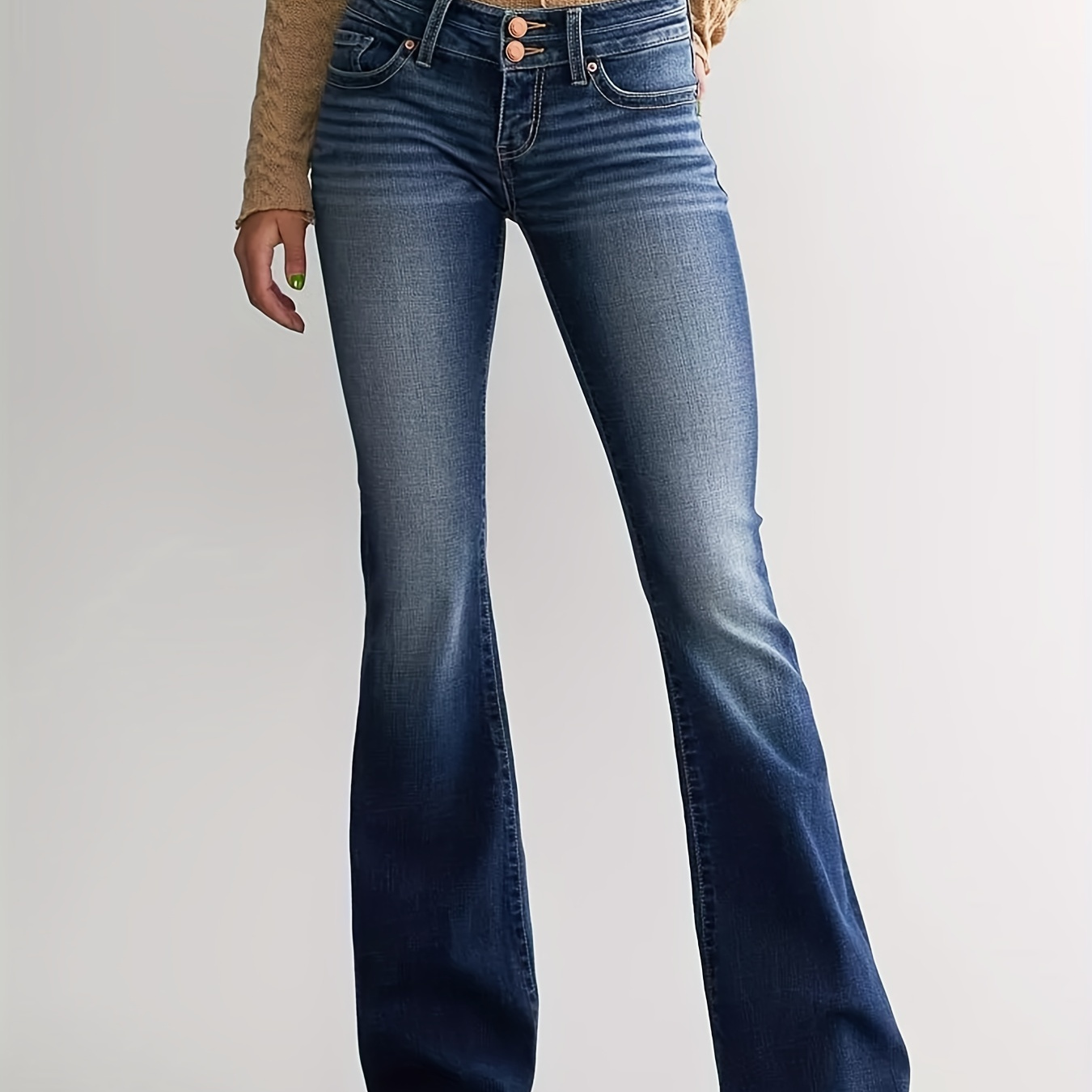 

Double Button Whiskering Flare Leg Jeans, Mid Waist Retro Faded Watter Tipple Embossed Denim Pants, Women's Denim Jeans & Clothing