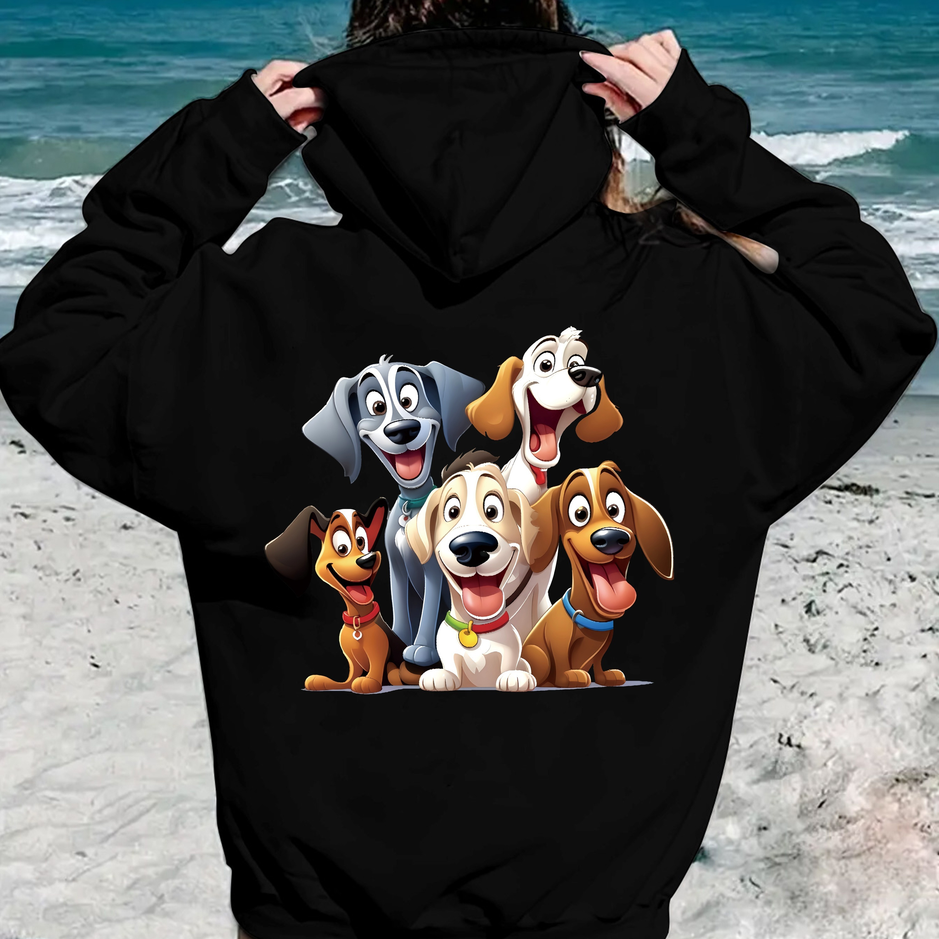 

Sweat à capuche imprimé chien mignon, sweat-shirt à manches longues décontracté avec poche kangourou, vêtements pour femmes