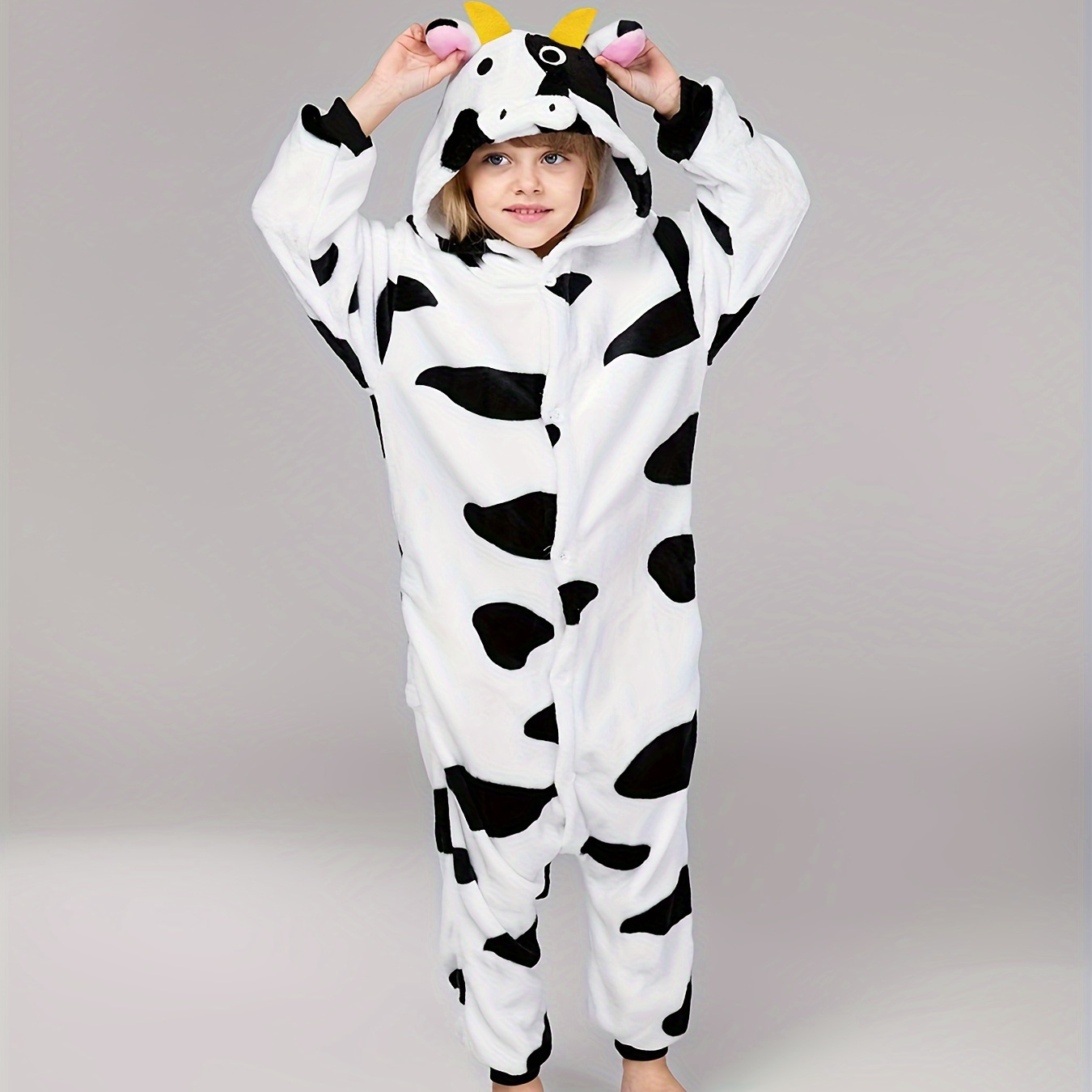 

Kid's Cow Jumpsuits, Button Front Hooded Romper, Flannel Cute Clothing For Boys & Girls