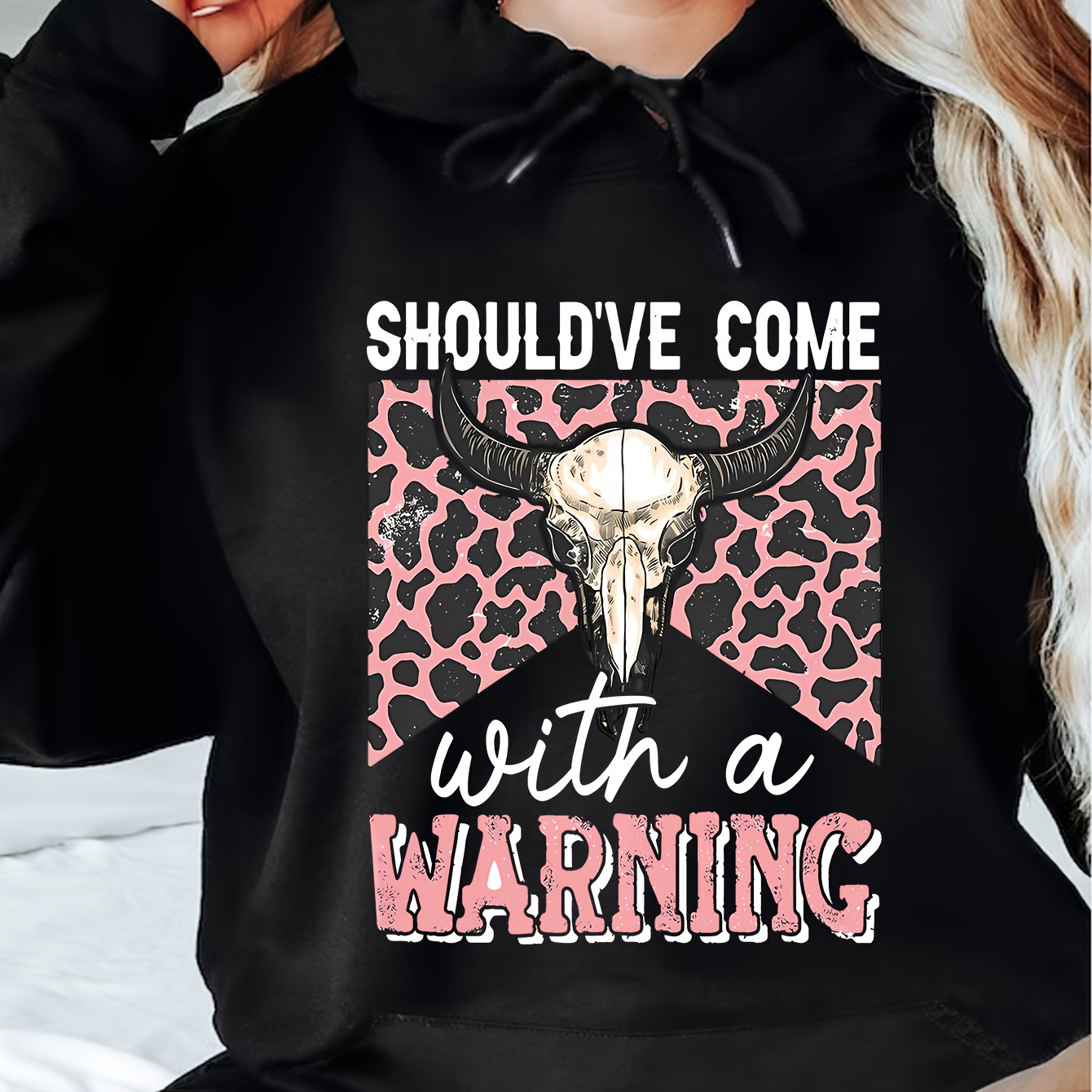 

Cow Skull Print Hoodie, Drawstring Casual Hooded Sweatshirt For Winter & Fall, Women's Clothing