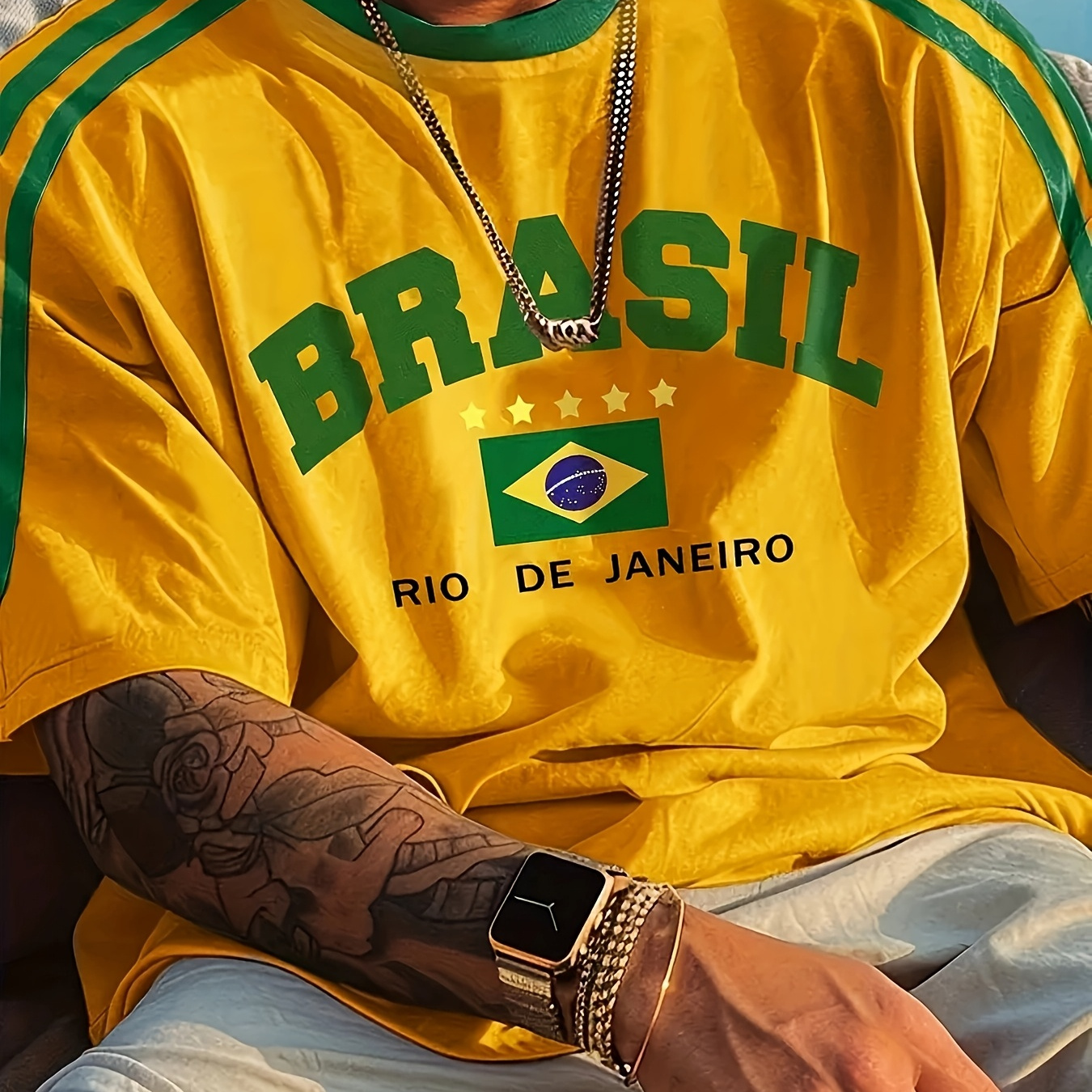 

1pc Brazil-inspired Men's Casual Short Sleeve T-shirt, Digital Neck, Polyester Knit Fabric With Slight Stretch, Regular Fit Tops For Summer Outdoor Activities And