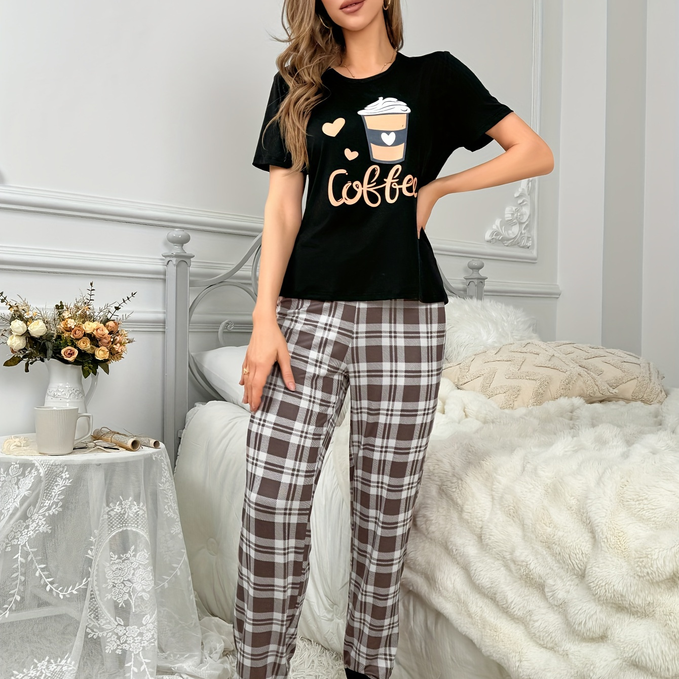 

Coffee & Letter Print Pajama Set, Cozy Short Sleeve Round Neck Top & Plaid Joggers, Women's Sleepwear & Loungewear
