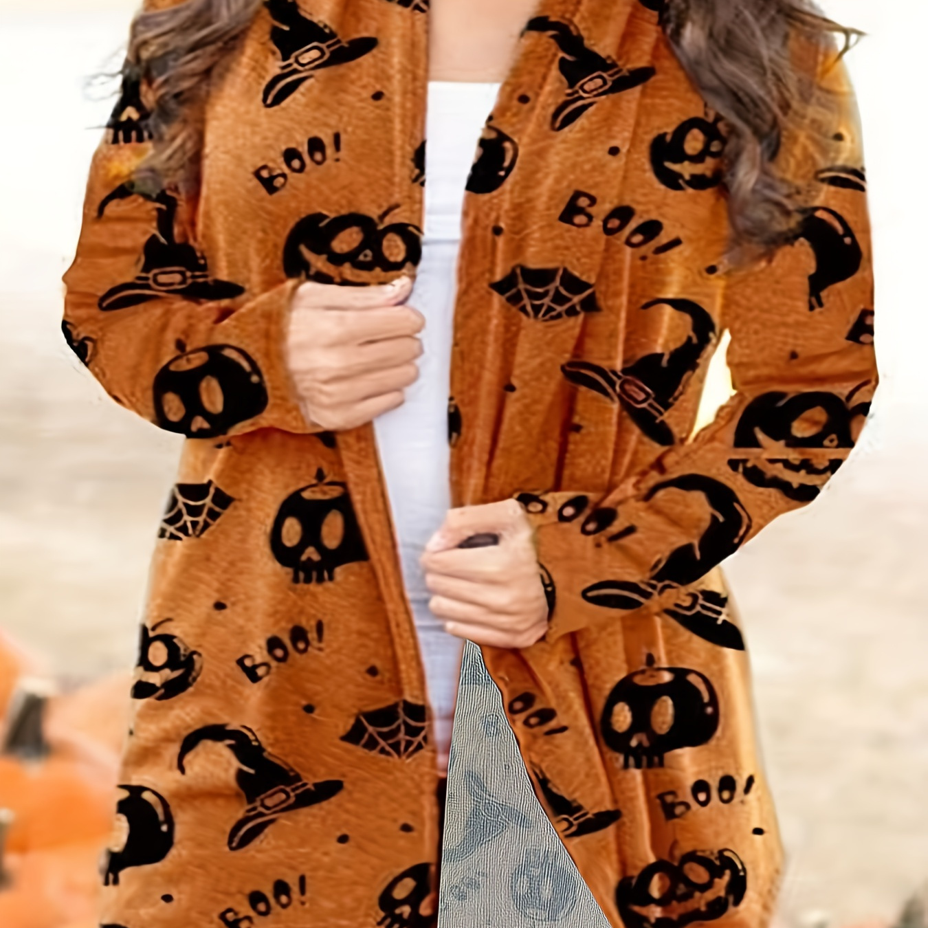 

Plus Size Halloween Casual Cardigan, Women's Plus Graphic Print Long Sleeve Open Front Cardigan