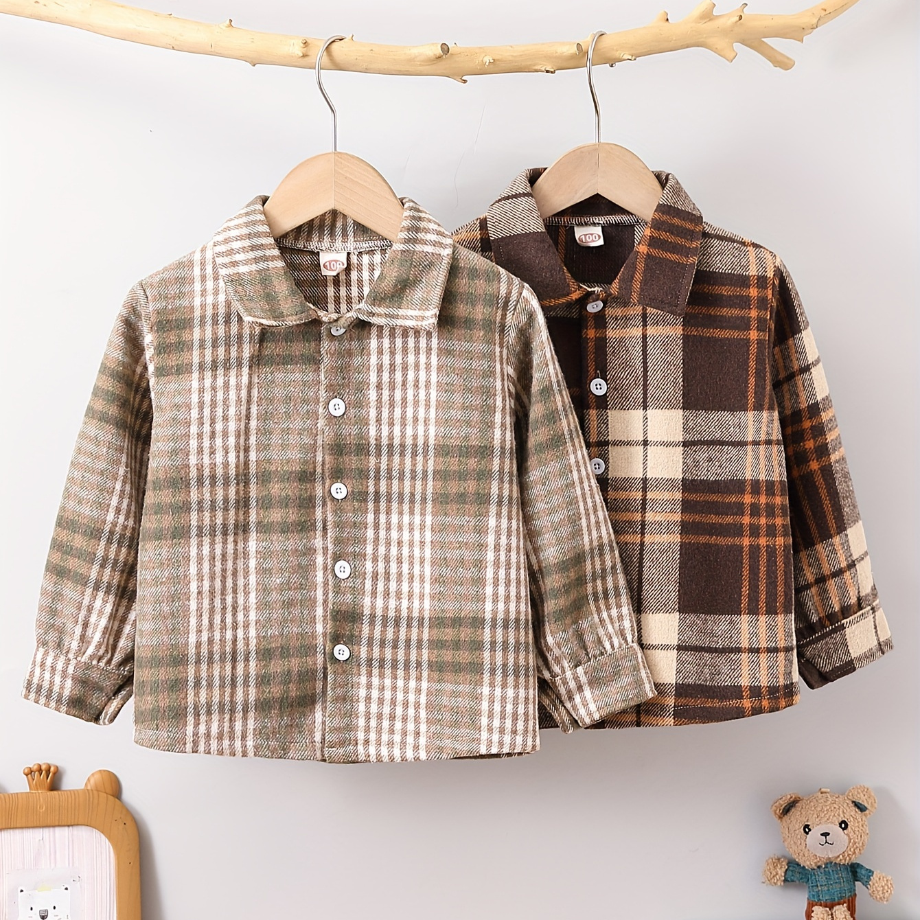 

2pcs Boys Casual Comfortable Turn Down Collar Plaid Shirt For Autumn And Winter