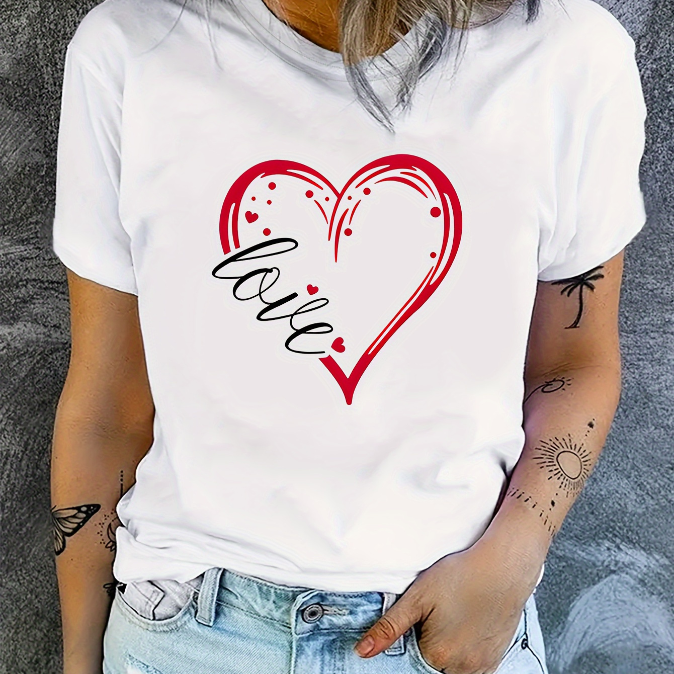 

Love Print Crew Neck T-shirt, Casual Short Sleeve Top For Spring & Summer, Women's Clothing