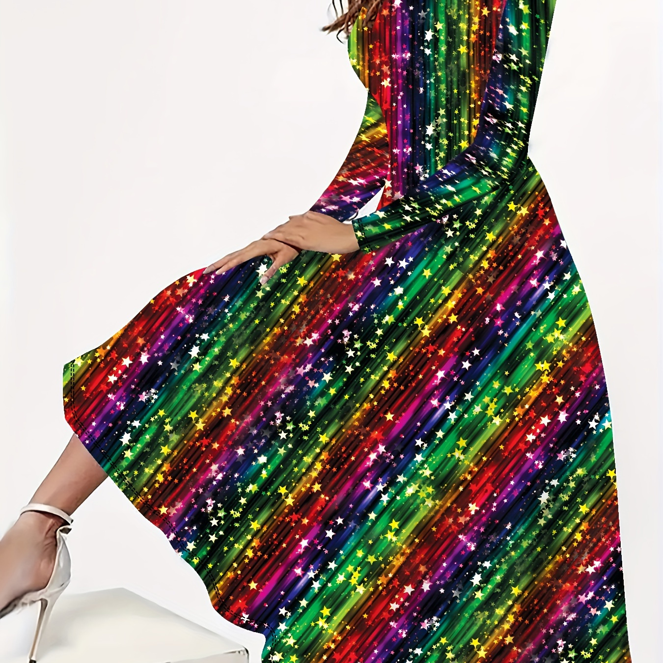 

Plus Size Colorful Maxi Dress, Casual Long Sleeve Crew Neck Dress For Spring & Fall, Women's Plus Size Clothing
