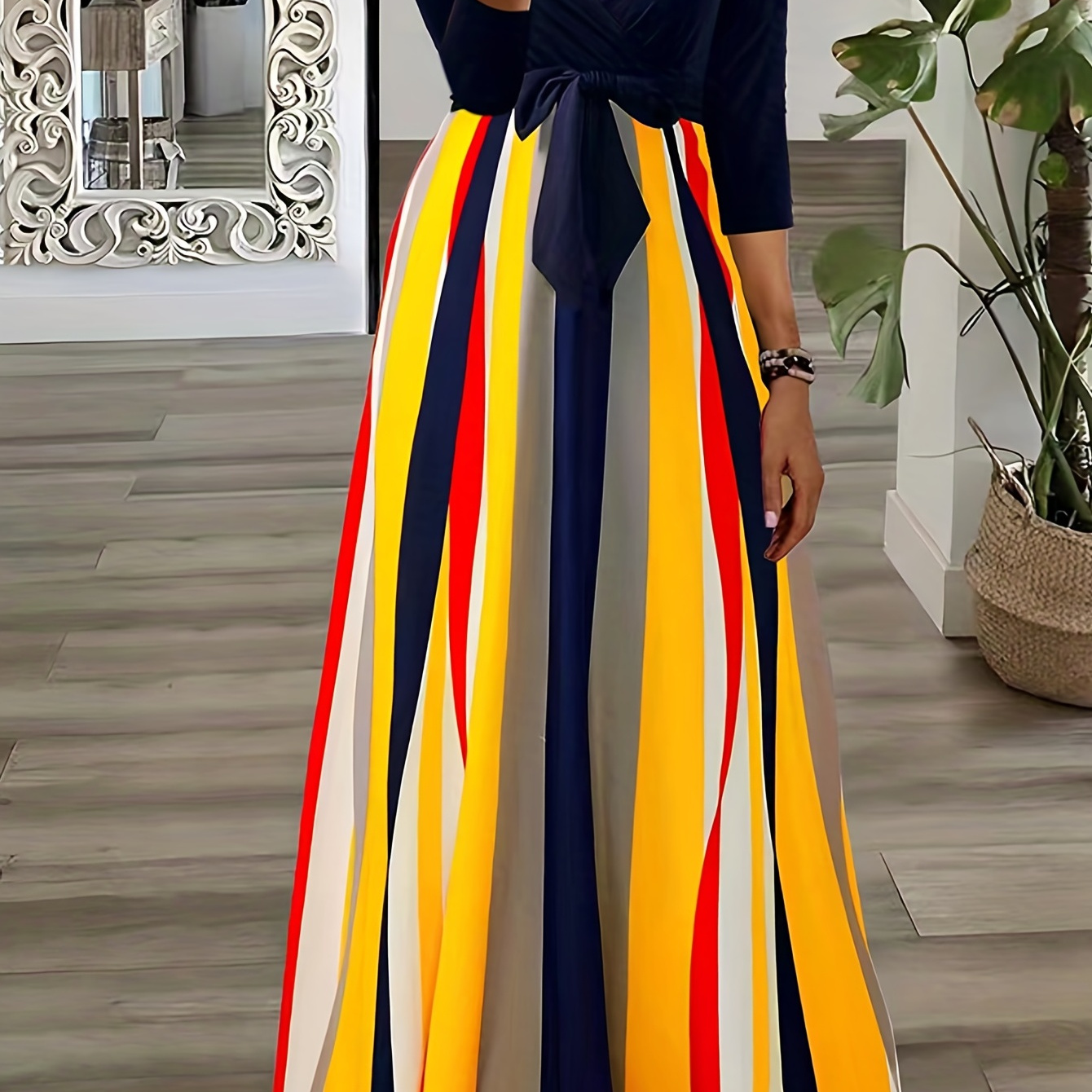 

Plus Size Elegant Dress, Women's Plus Colorblock Colorful Striped Short Sleeve Surplice Neck Tie Front Maxi Dress