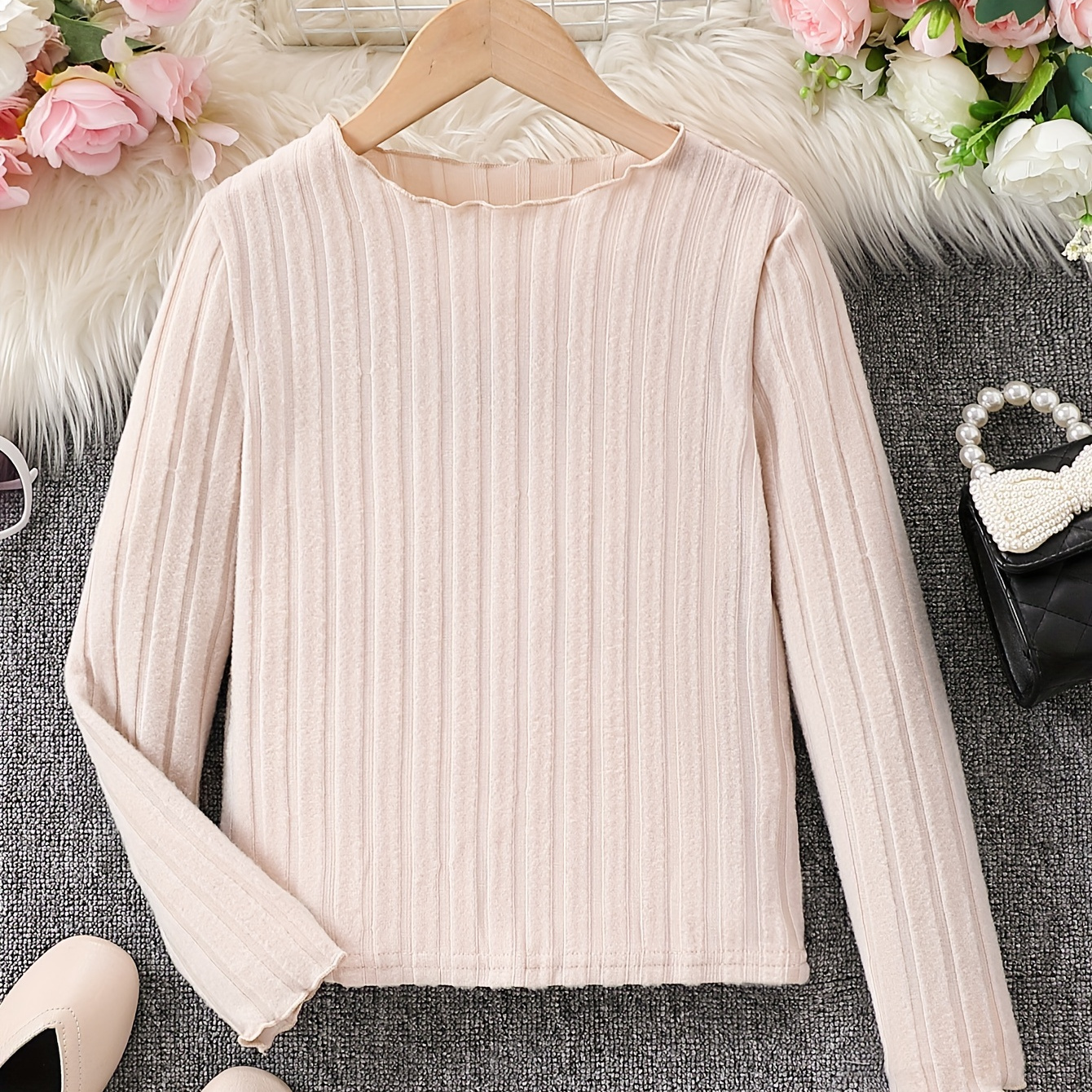 

Girls Comfy Casual Solid Frill Trim Long Sleeve T-shirt, Knitwear Tops For Outdoor Gift