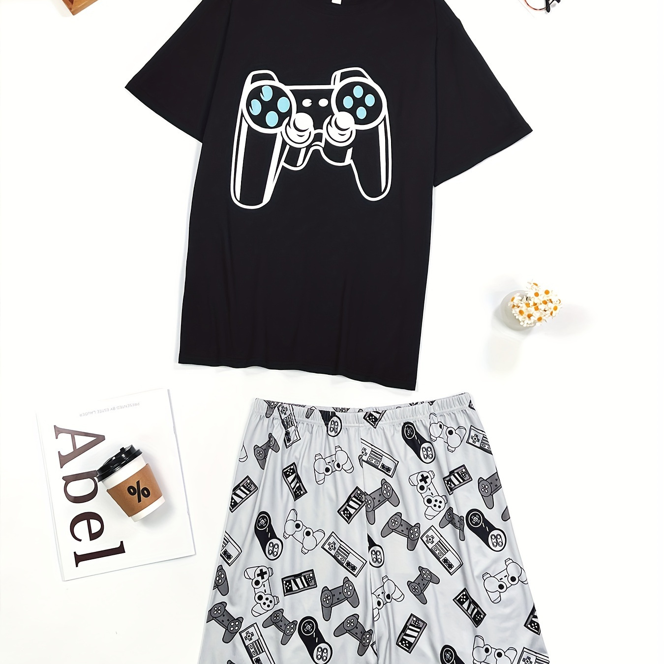 

Men's Trendy Casual Game Console Comfy Tees & Shorts, Crew Neck Short Sleeve T-shirt & Loose Shorts Home Pajamas Sets, Casual Sets For Summer
