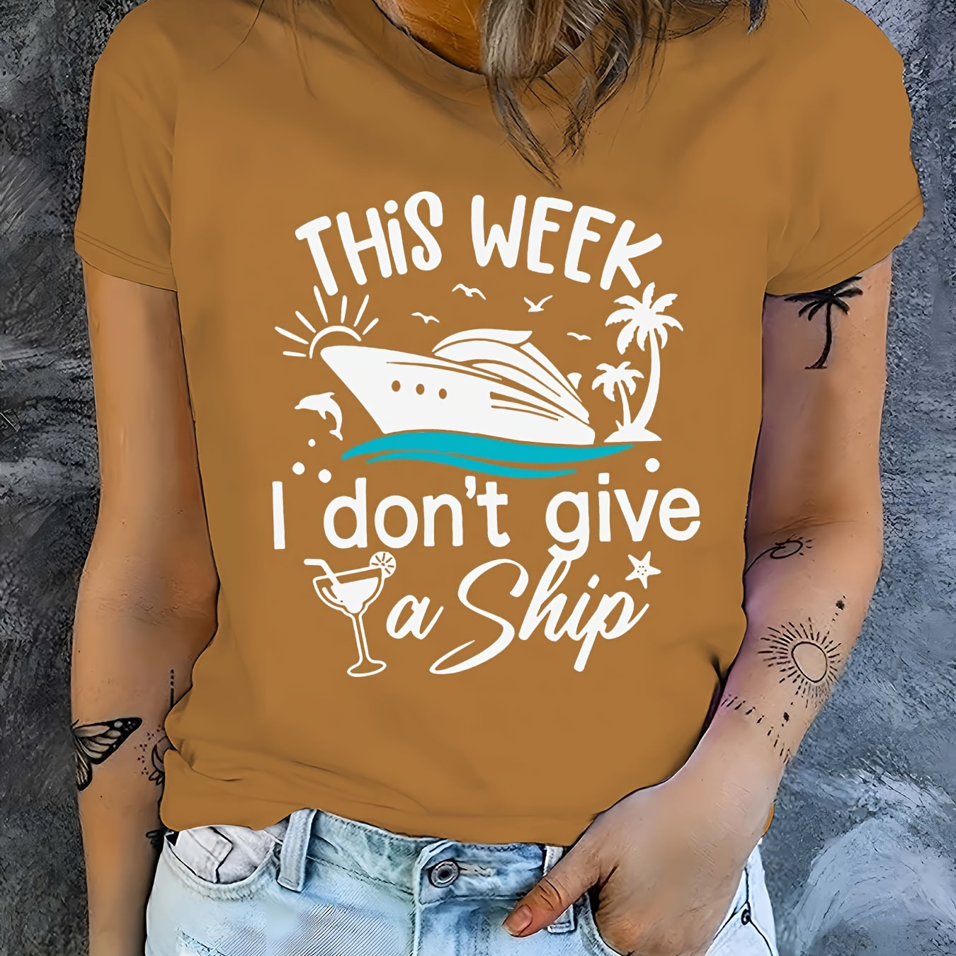 

I Don't Give A Ship Letter Print T-shirt, Short Sleeve Crew Neck Casual Top For Summer & Spring, Women's Clothing