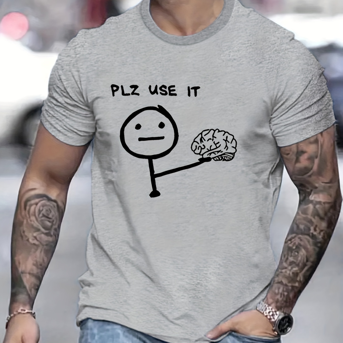 

Plz Use The Brain Print T Shirt, Tees For Men, Casual Short Sleeve T-shirt For Summer