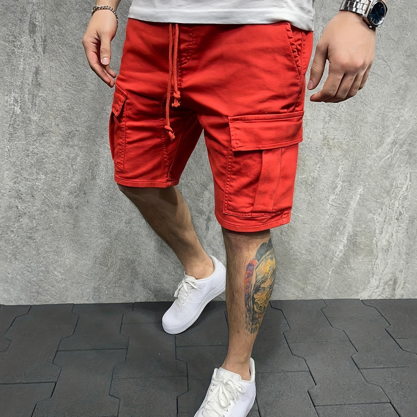 

Mens Casual Non Stretch Loose Fit Drawstring Cotton Cargo Shorts With Pockets, Male Clothes For Summer