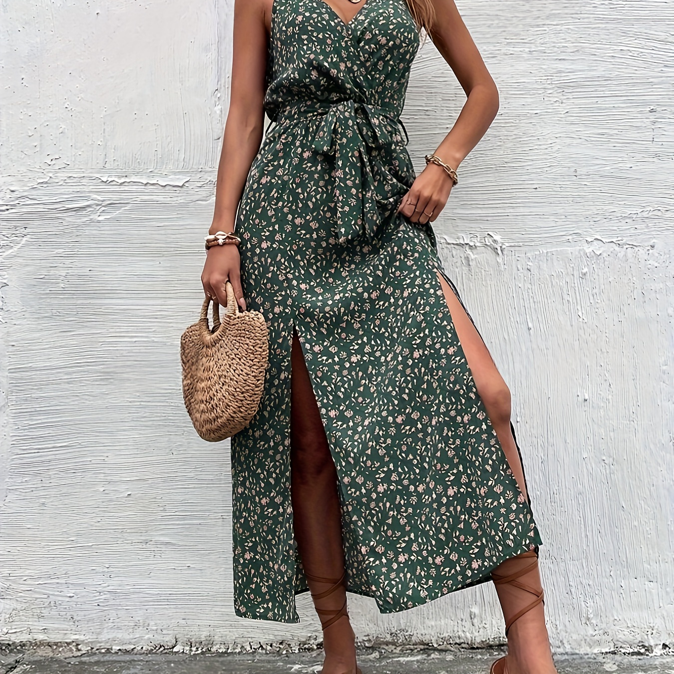 

Floral Print Spaghetti Strap Dress, Elegant Split Tie Waist Cami Dress, Women's Clothing