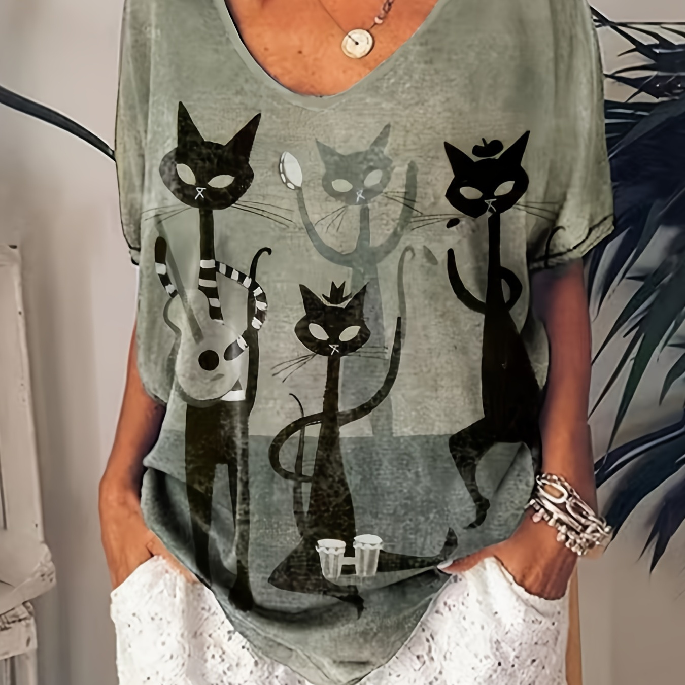 

Cat Print Short Sleeve T-shirt, Casual Top For Spring & Summer, Women's Clothing