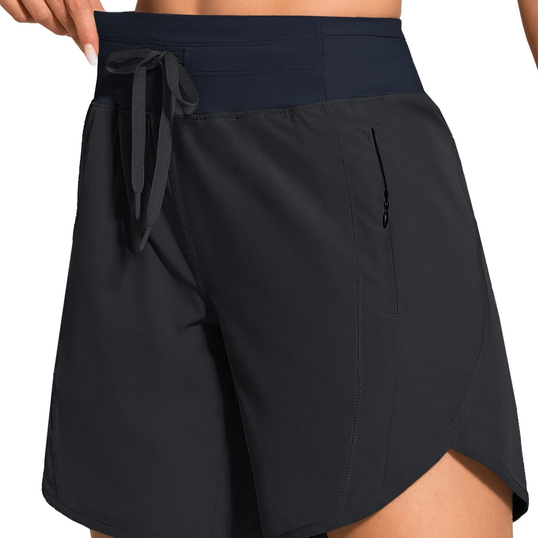 

Women's High-waisted Running Shorts With Pin-tuck Detail, Athletic Leisure Style, Comfy Knit Waistband, Back Zipper Pocket