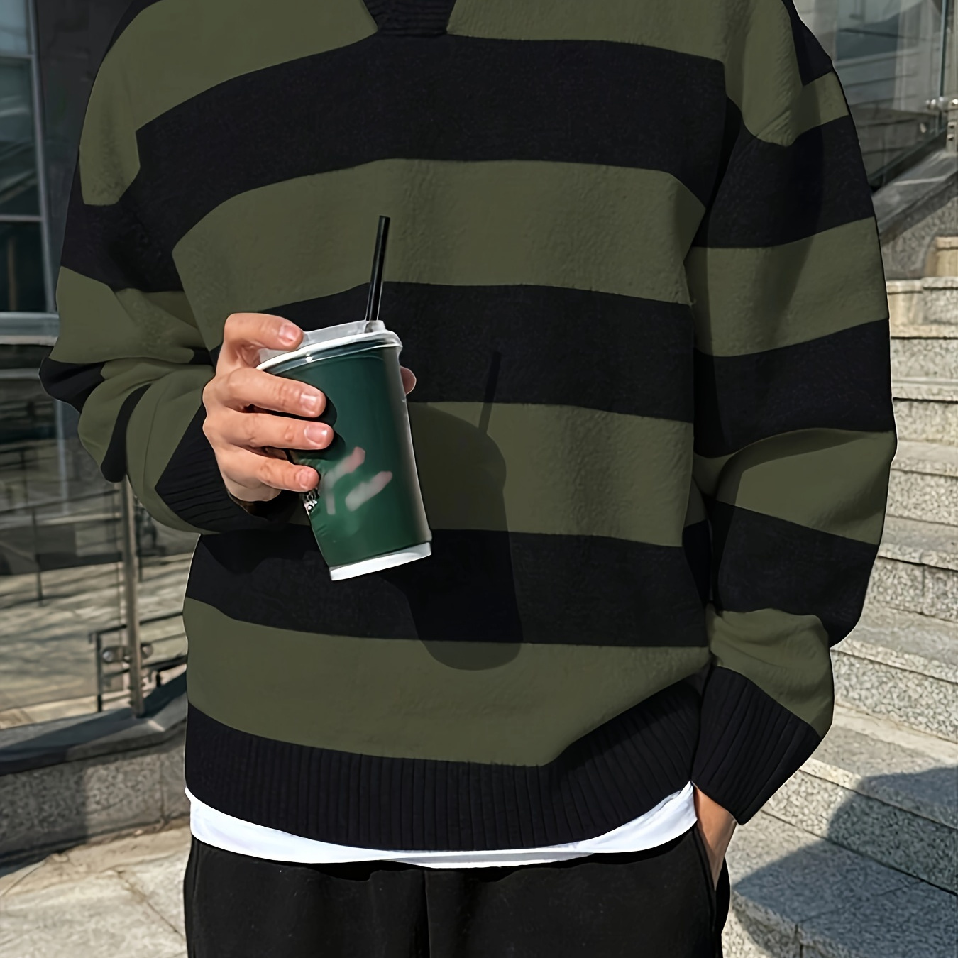 

Men's Casual Striped Knit Sweater, Soft Warm Pullover For Fall/winter