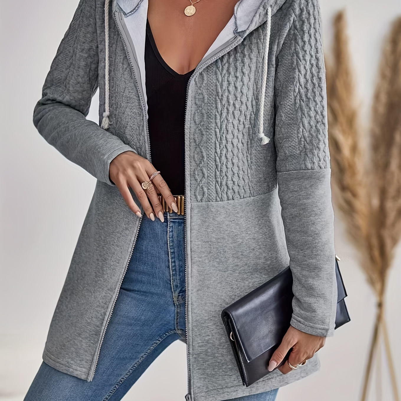 

Cable Texture Zip-up Drawstring Hoodie, Casual Long Sleeve Jacket For Fall & Winter, Women's Clothing