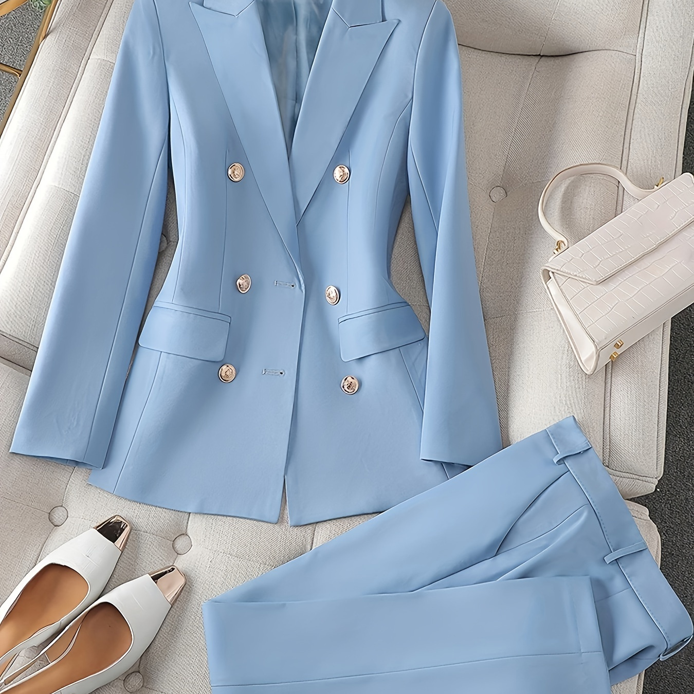 

Elegant Solid Color Pants Set, Double Breasted Lapel Long Sleeve Blazer & Simple Straight Leg Pants For Office & Work, Women's Clothing