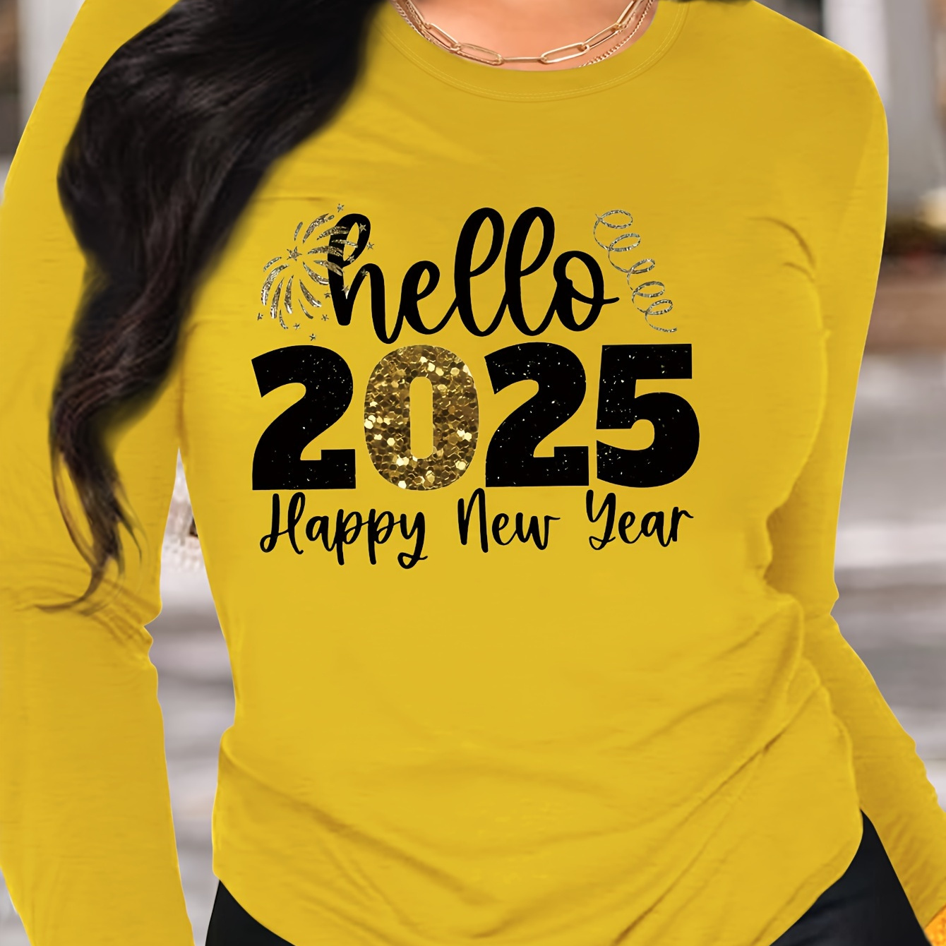 

1pc Women's Long Sleeve Crew Neck T-shirt, Hello 2025 Happy New Year Letter Print, Casual Polyester Knit Top For Fall/winter, Regular Length Applique Drawing Design Clothing