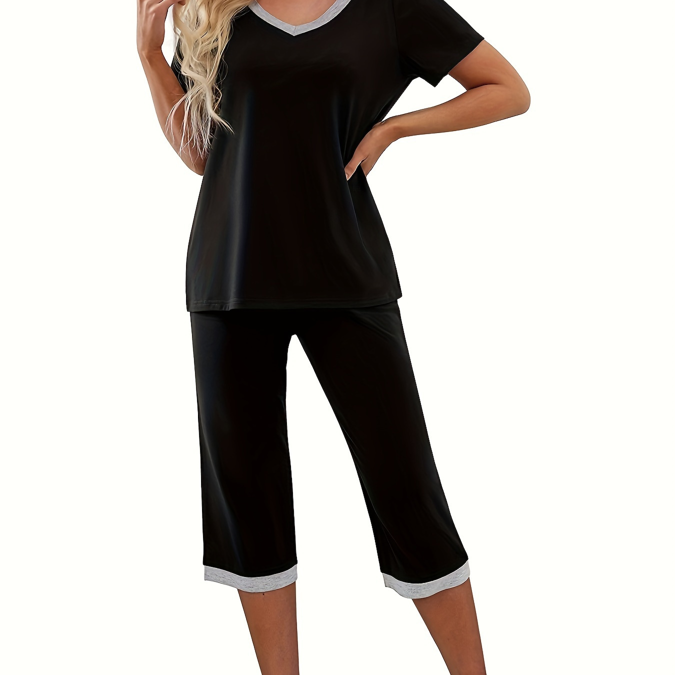 

Women's Colorblock Casual Lounge Set, Short Sleeve V Neck Top & Capri Pants, Comfortable Relaxed Fit