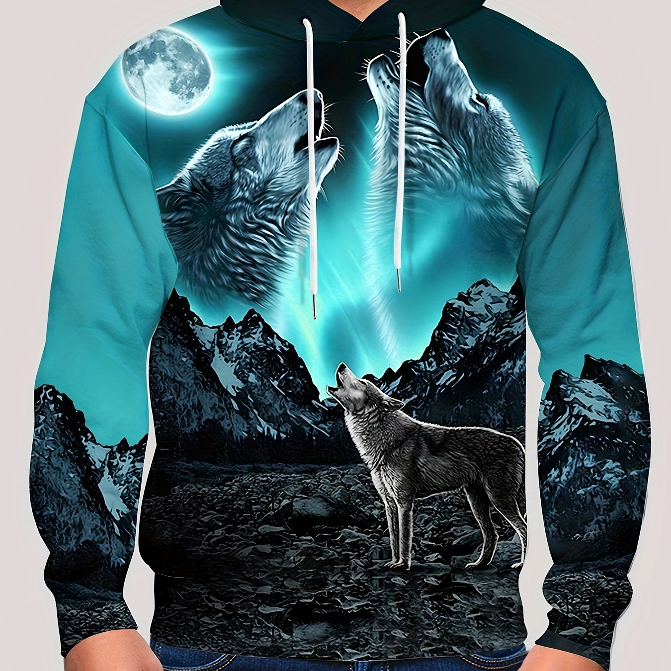 

Men's Casual Wolf Print Hoodie, Comfy Long Sleeve Sweatshirt With Hood, Trendy Comfy Top For Spring/autumn Wear