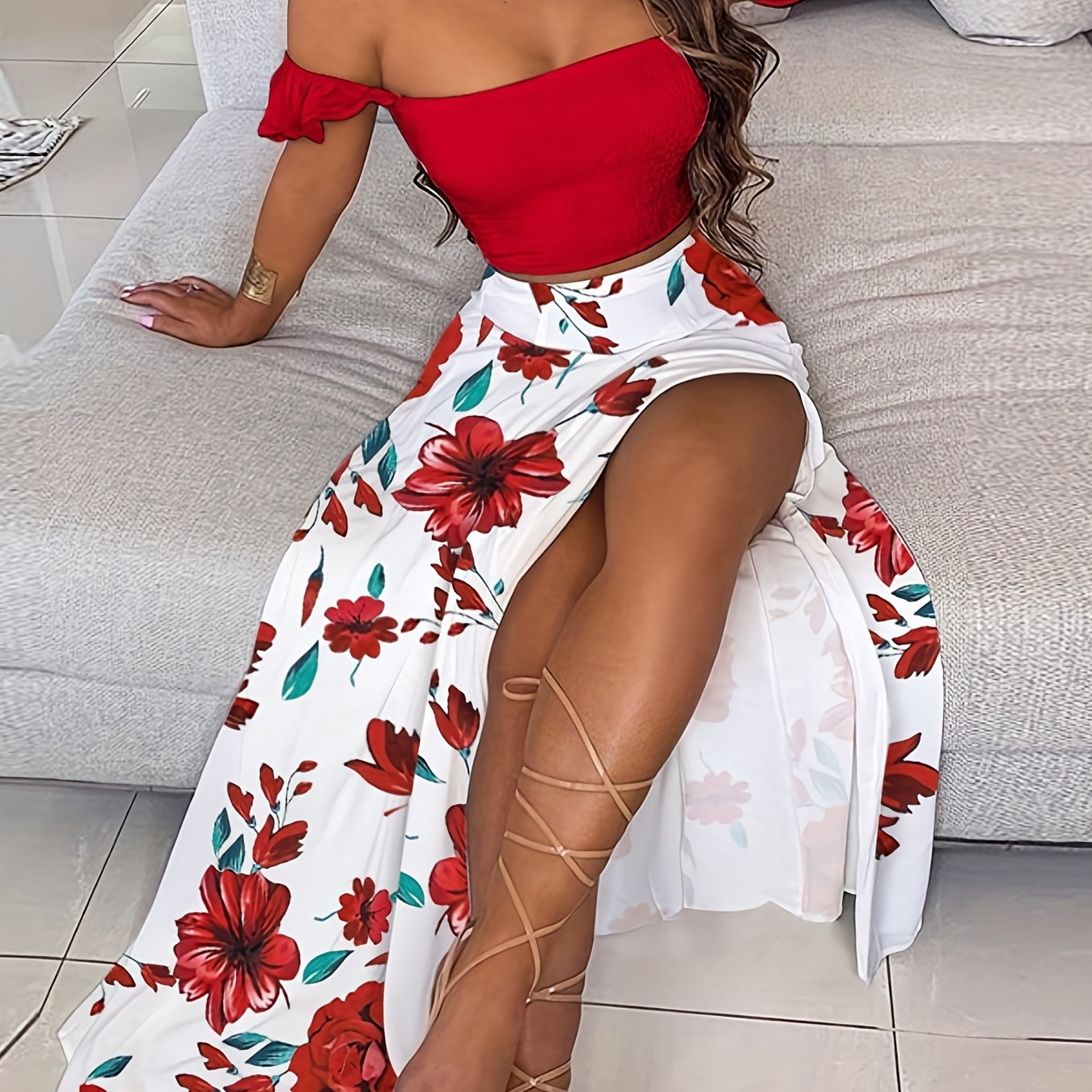 Women Two Piece Set Y2K Boho Floral Print Strapless Tube Top Off Shoul –  Fashiondresses for less