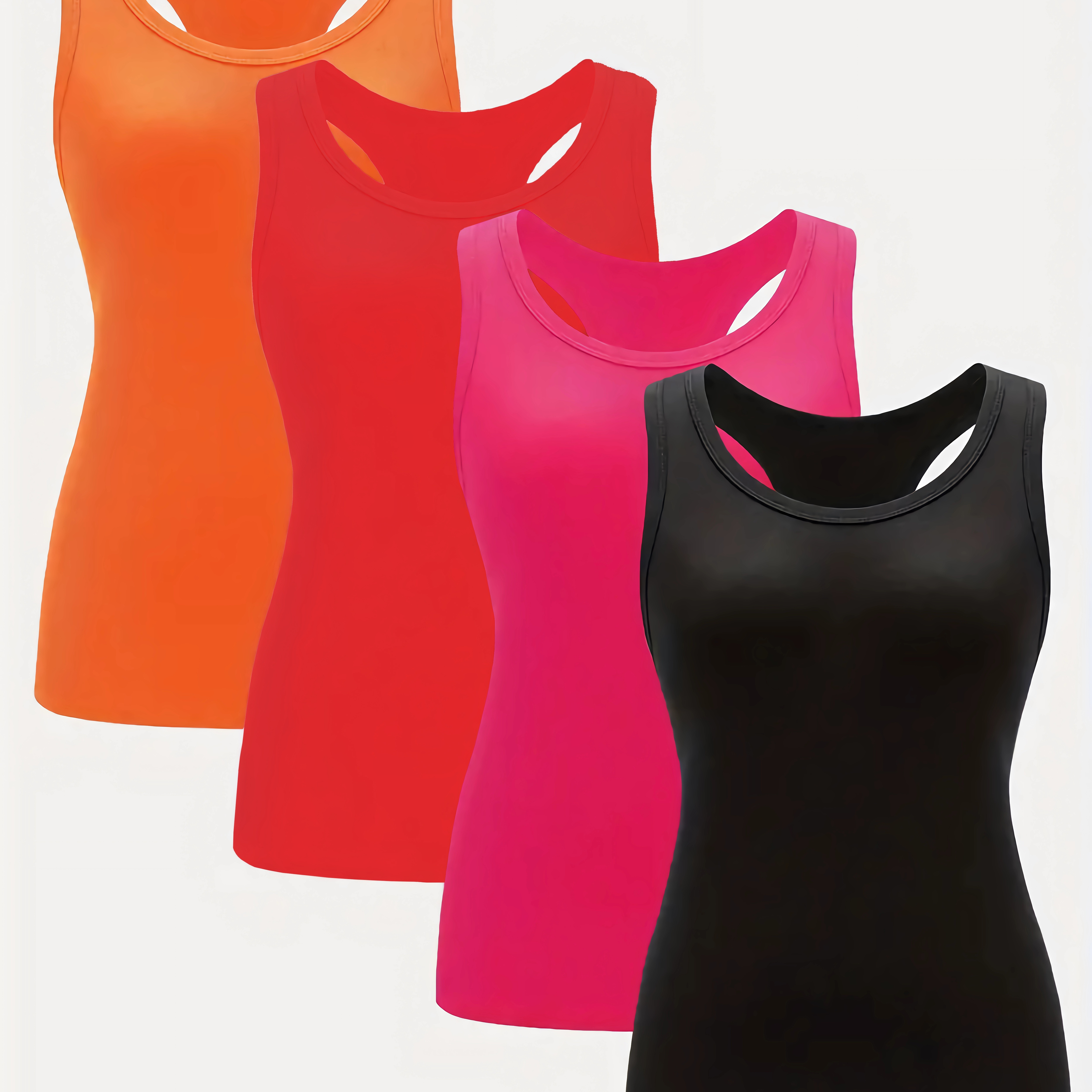 

4pcs Solid Color Casual Vest Tops, Round Neck Sleeveless Racer Back Sports Vest T-shirts, Women's Comfy Tops